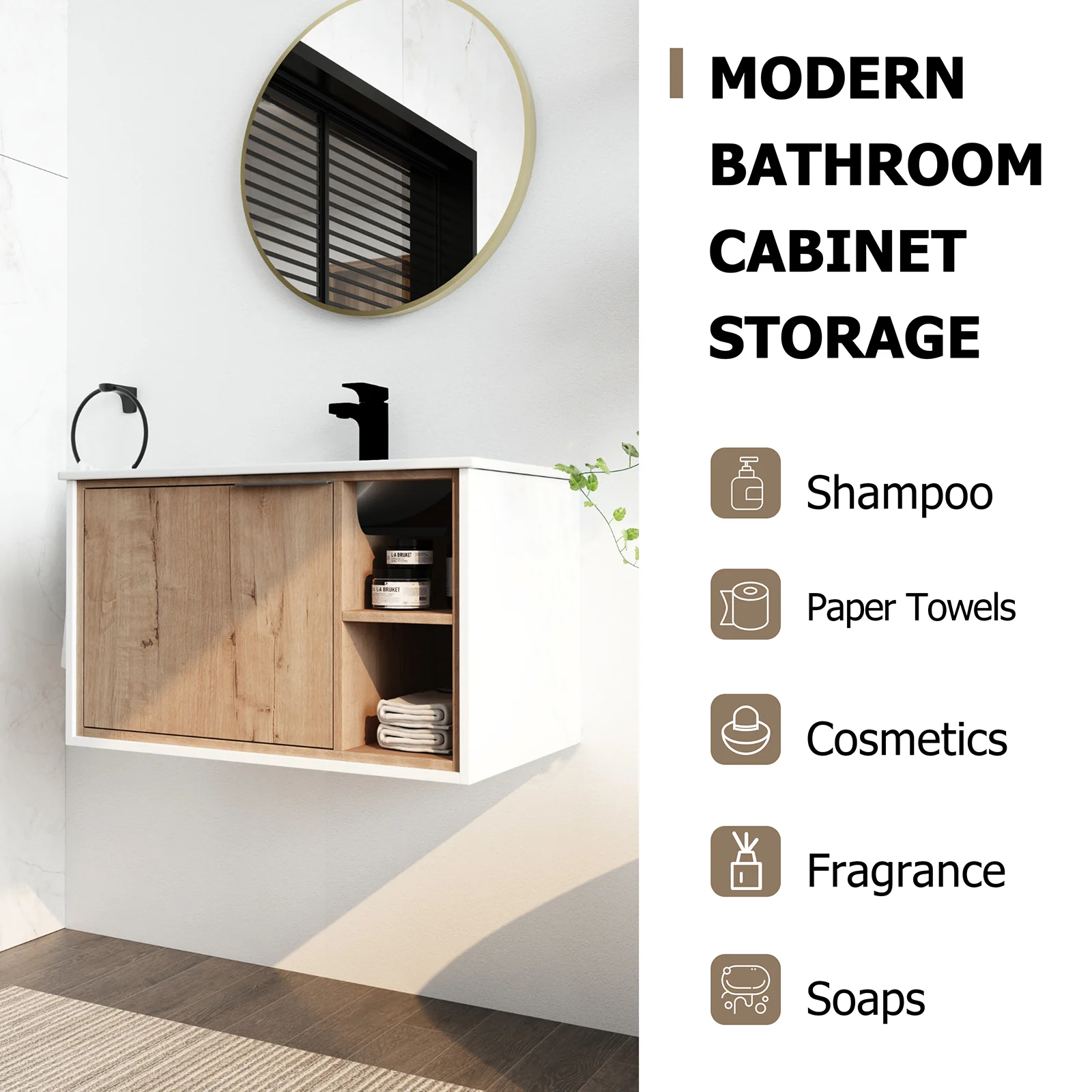 30'' Floating Wall-Mounted Bathroom Vanity with Ceramics Sink and Soft-Close Cabinet Door - Image 6