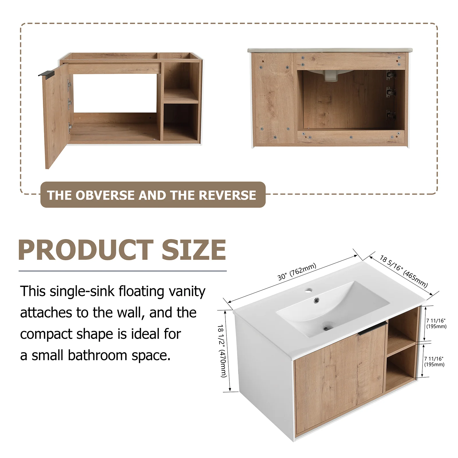 30'' Floating Wall-Mounted Bathroom Vanity with Ceramics Sink and Soft-Close Cabinet Door - Image 7