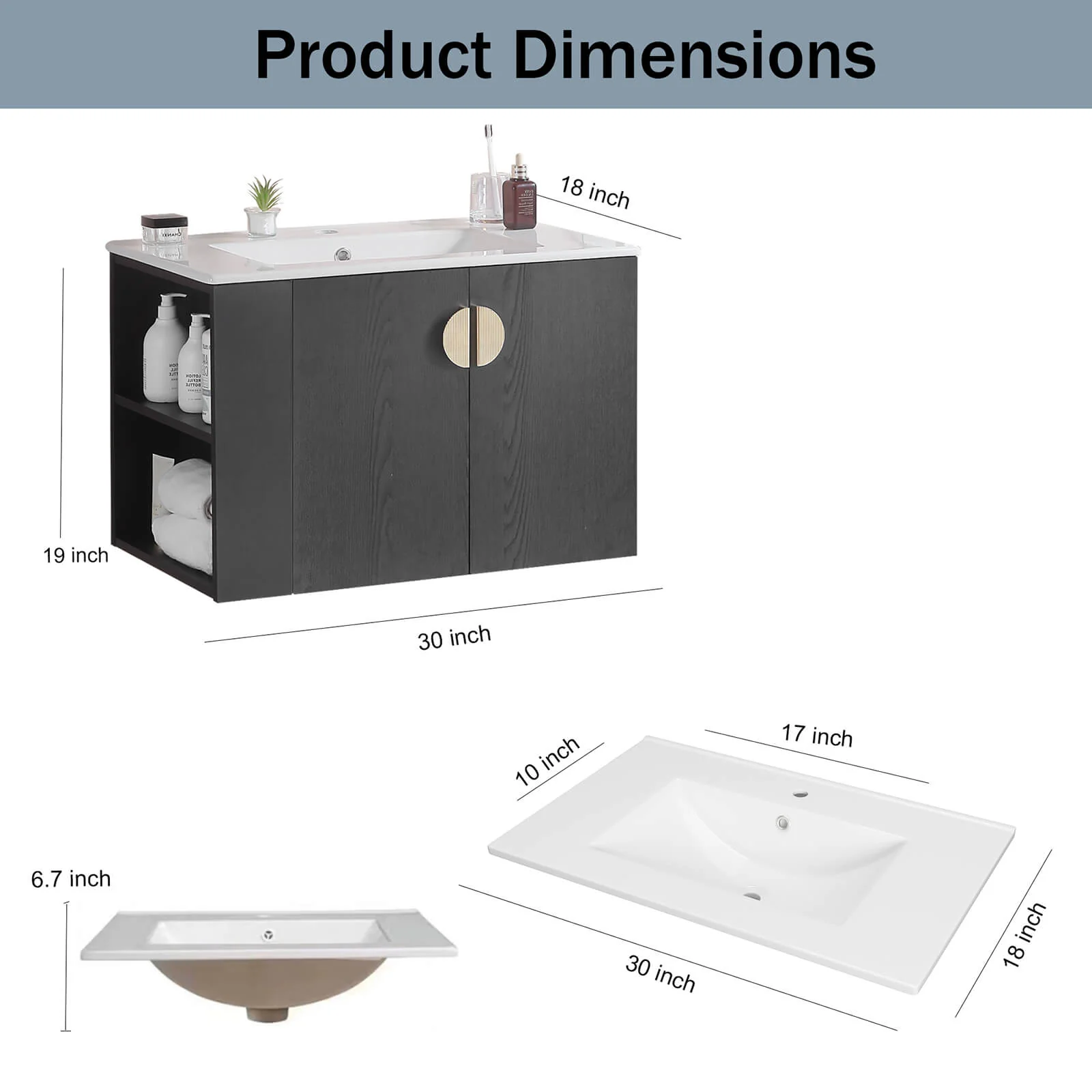 30" Black Wall-Mounted Bathroom Vanity with Open Side Shelf - Image 10