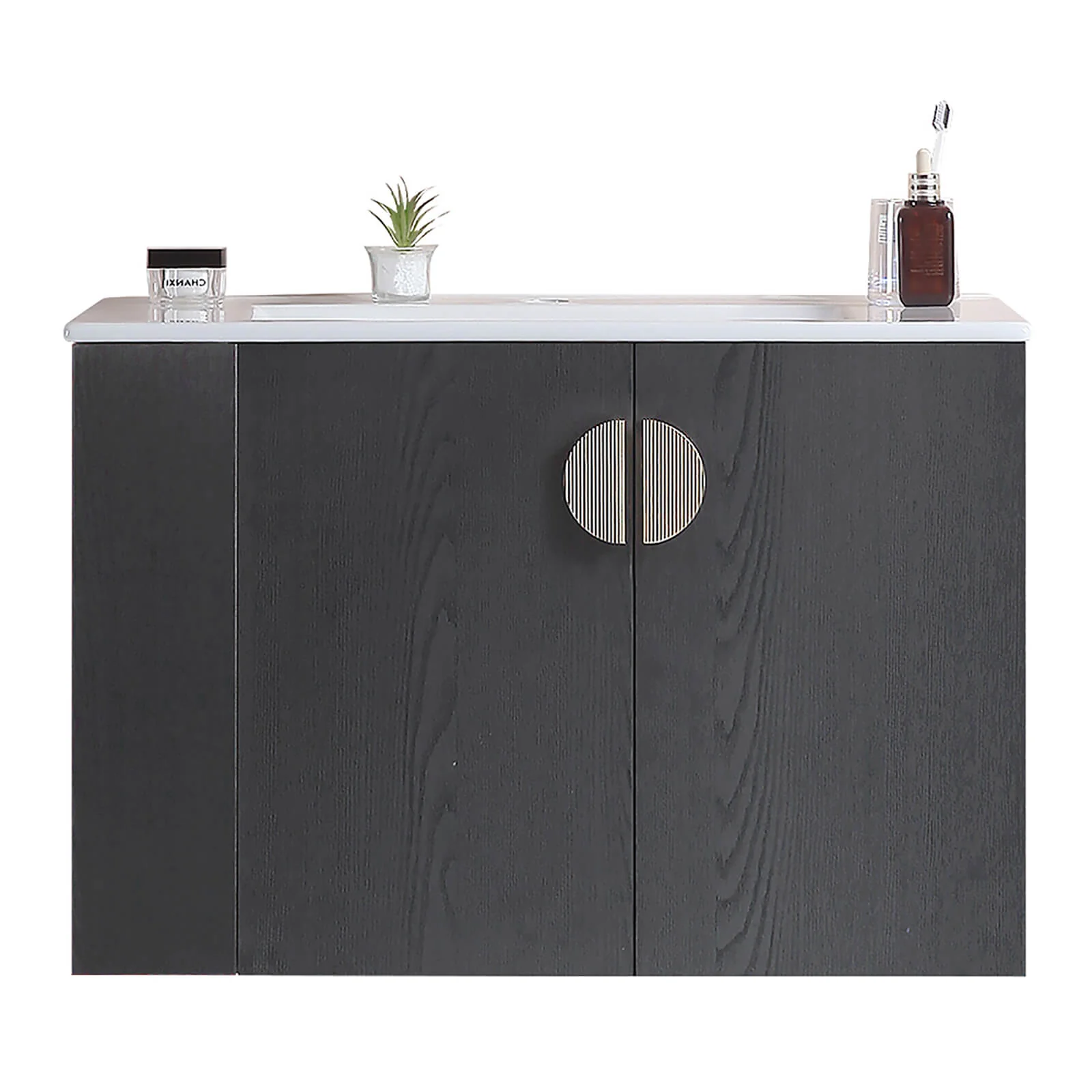 30" Black Wall-Mounted Bathroom Vanity with Open Side Shelf - Image 11