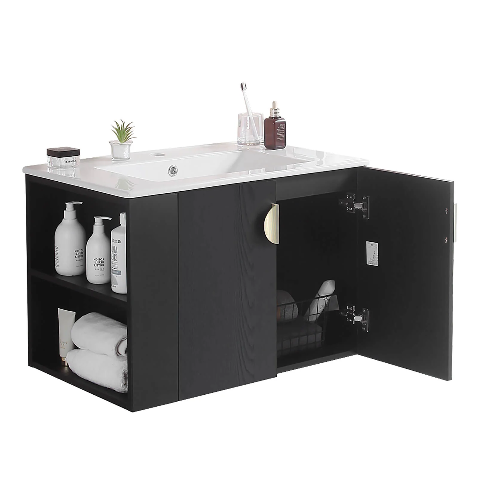 30" Black Wall-Mounted Bathroom Vanity with Open Side Shelf - Image 13