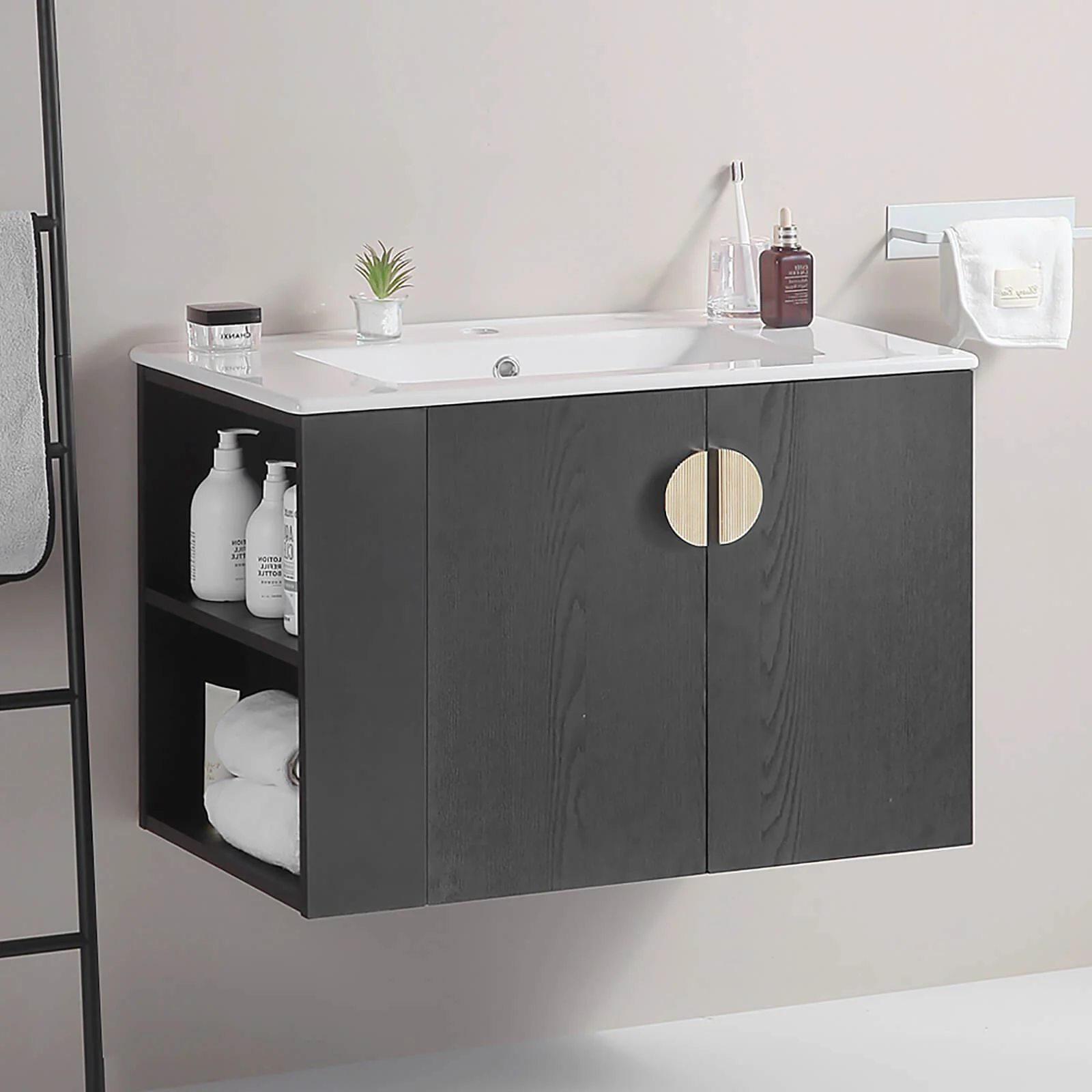 30" Black Wall-Mounted Bathroom Vanity with Open Side Shelf - Image 3