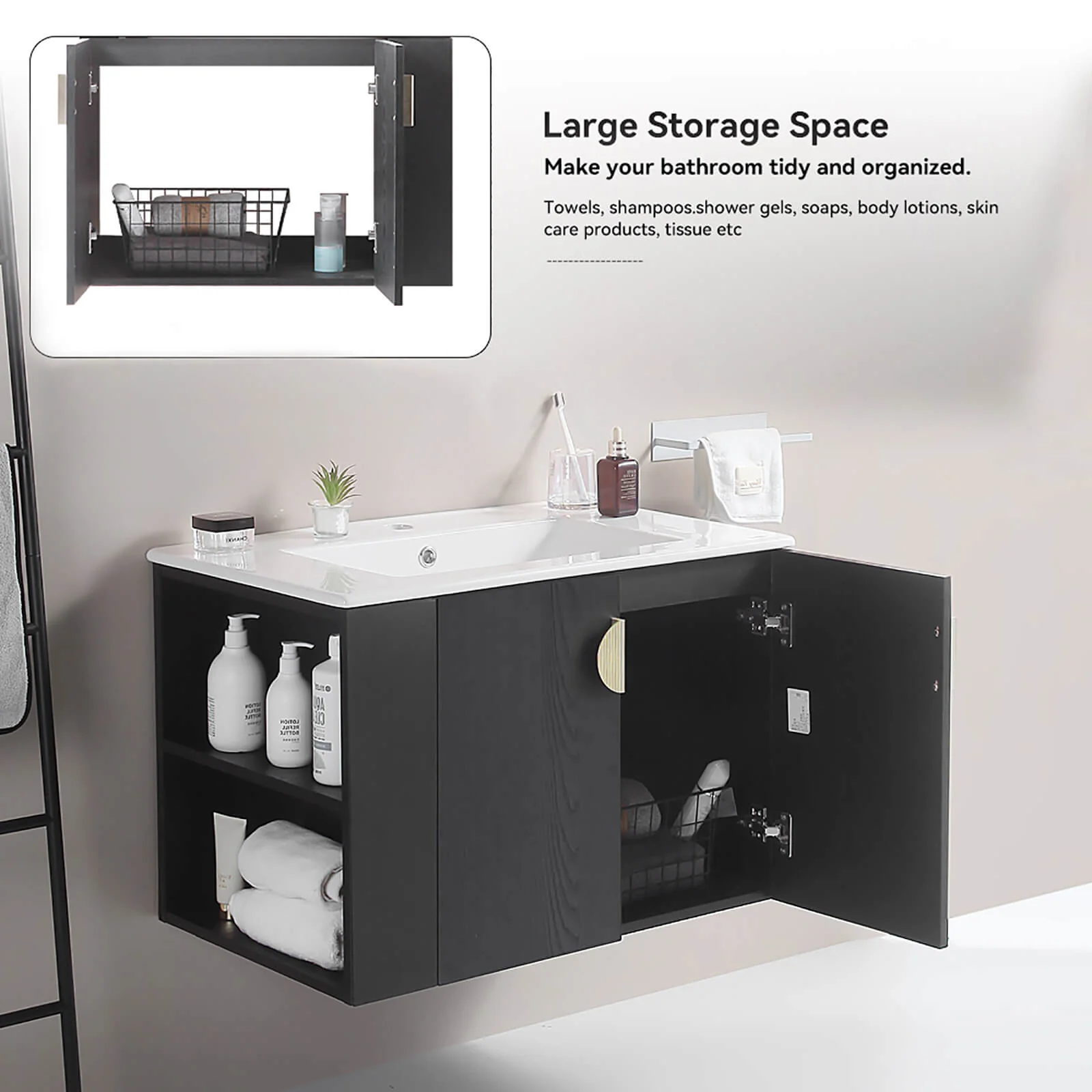 30" Black Wall-Mounted Bathroom Vanity with Open Side Shelf - Image 4