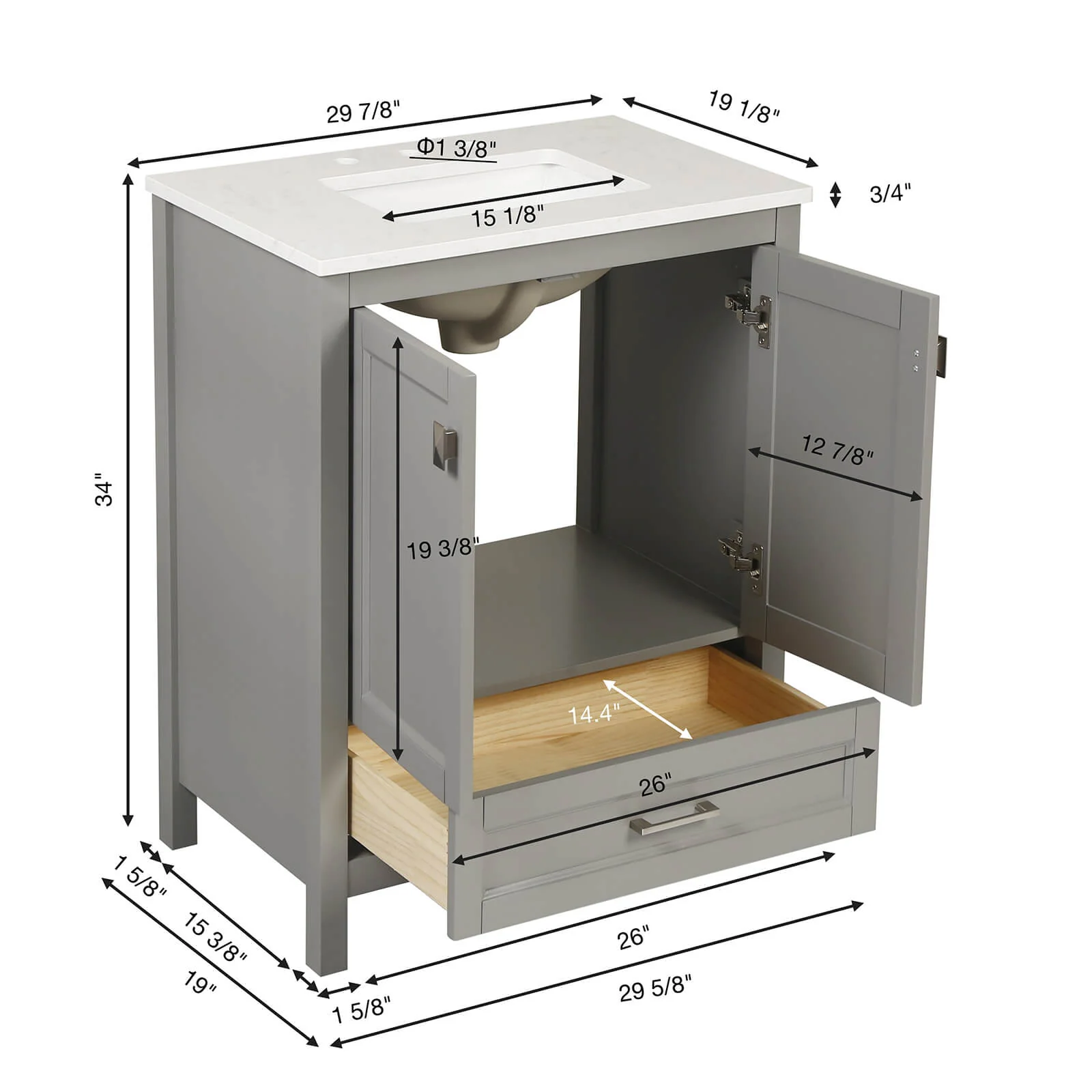 30" Gray Bathroom Vanity with Engineered Stone Countertop - Image 11