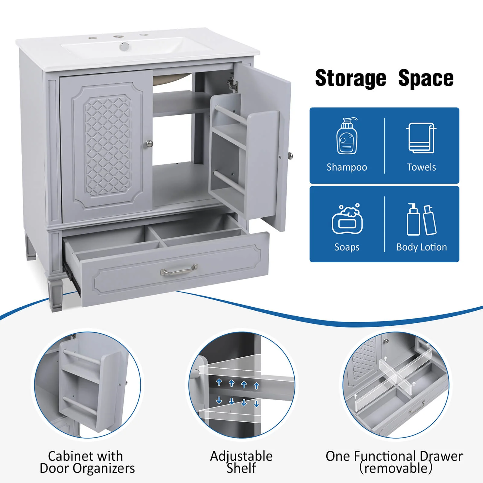 30" Gray Vintage Freestanding Bathroom Vanity - Image 6