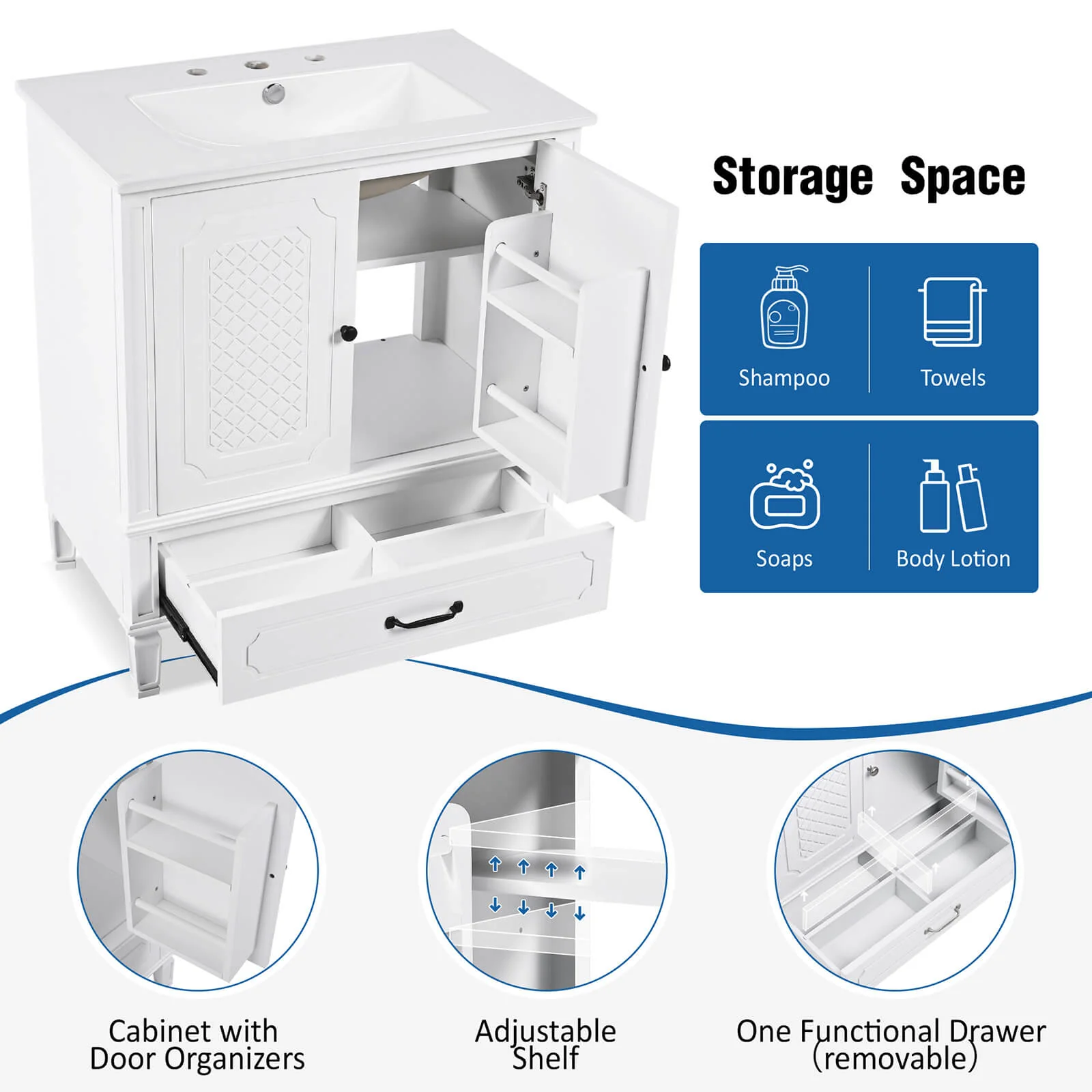 30" White Vintage Freestanding Bathroom Vanity - Image 4