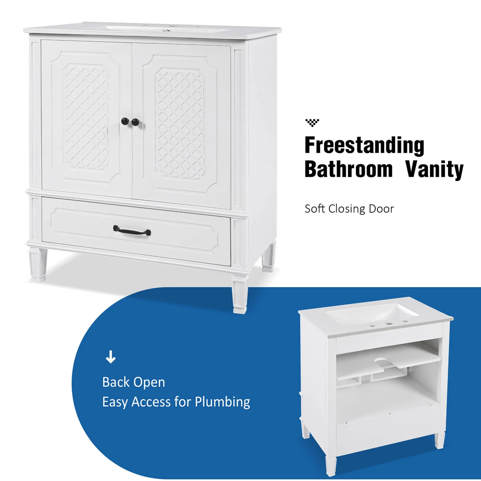 30" White Vintage Freestanding Bathroom Vanity - Image 5
