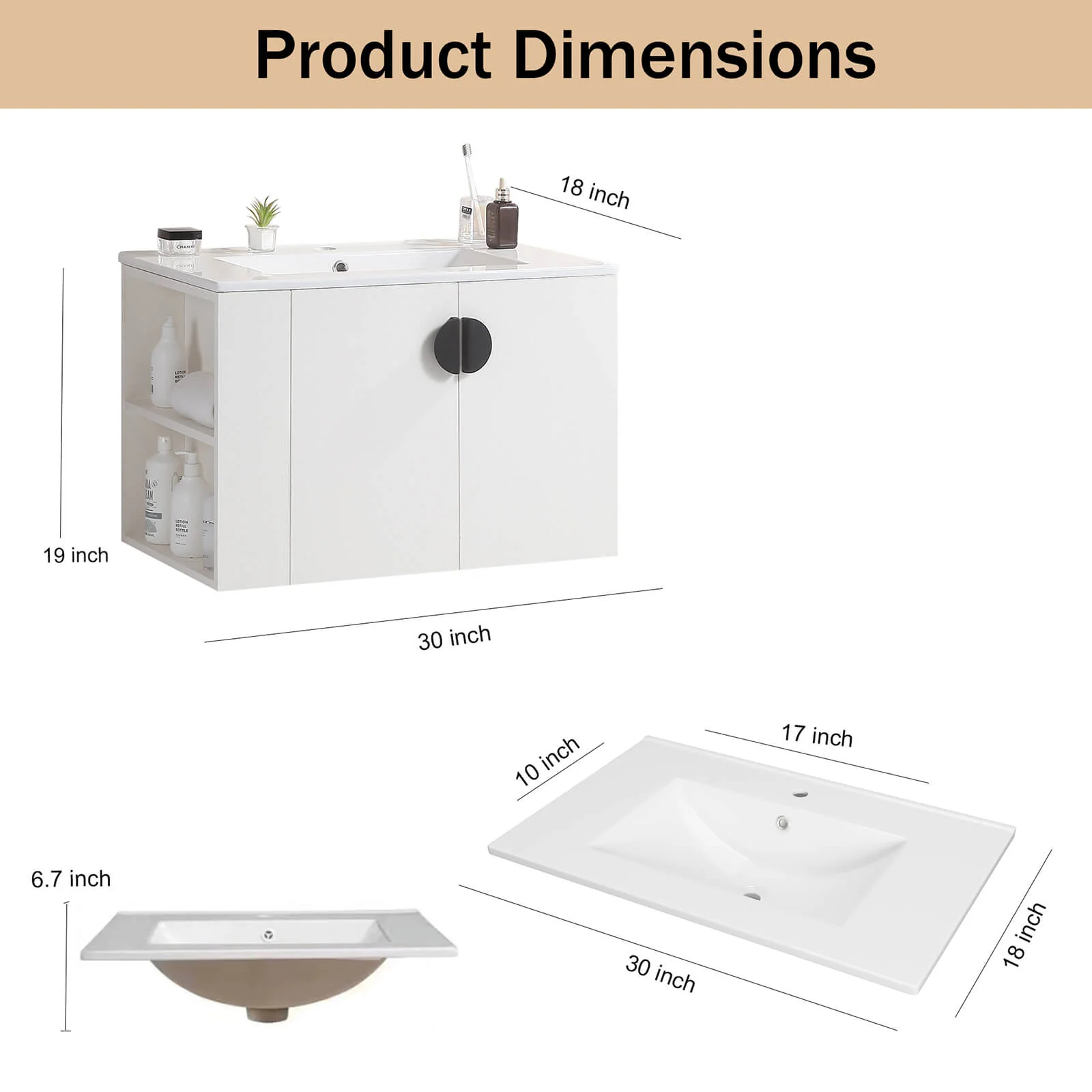 30" White Wall-Mounted Bathroom Vanity with Open Side Shelf - Image 10