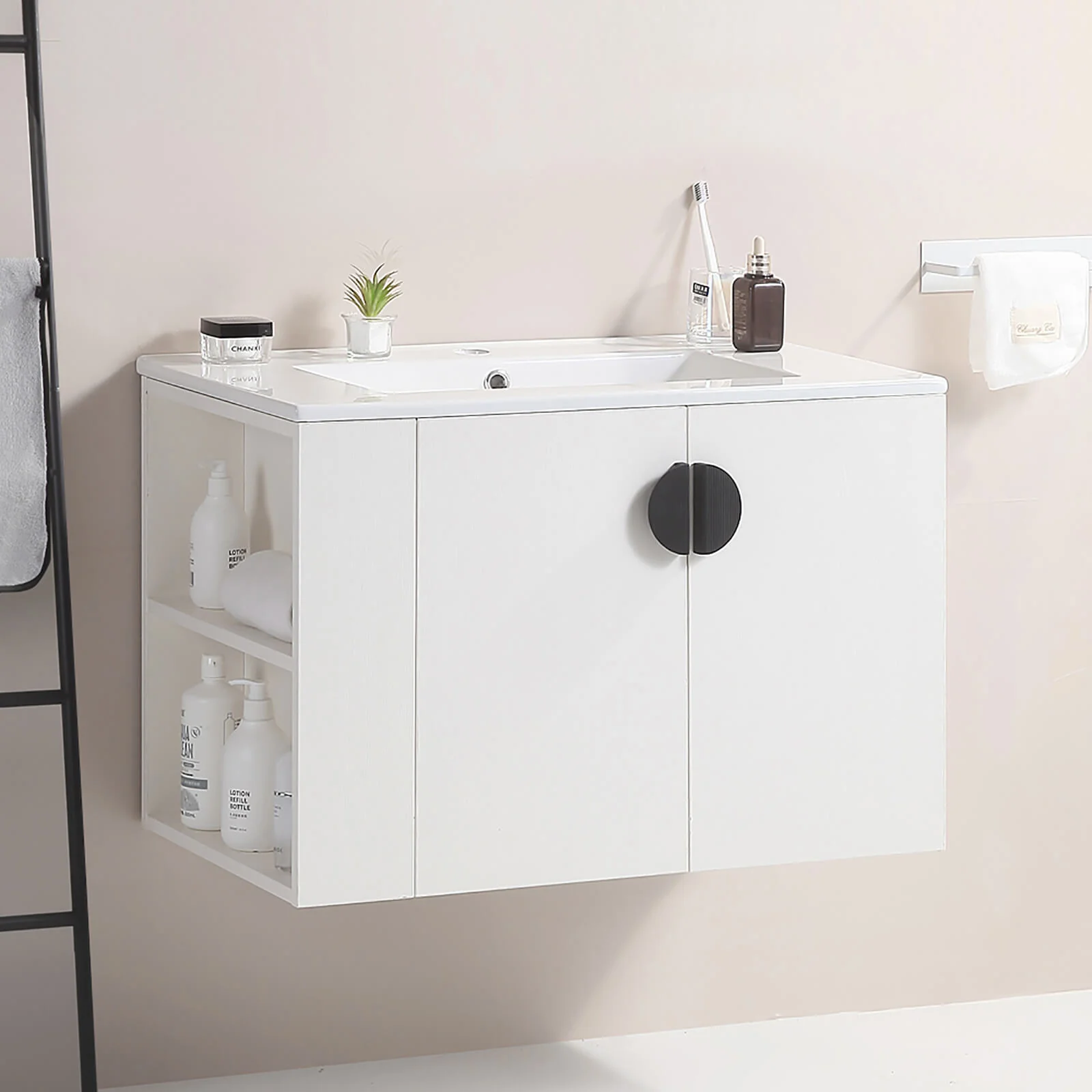 30" White Wall-Mounted Bathroom Vanity with Open Side Shelf - Image 3