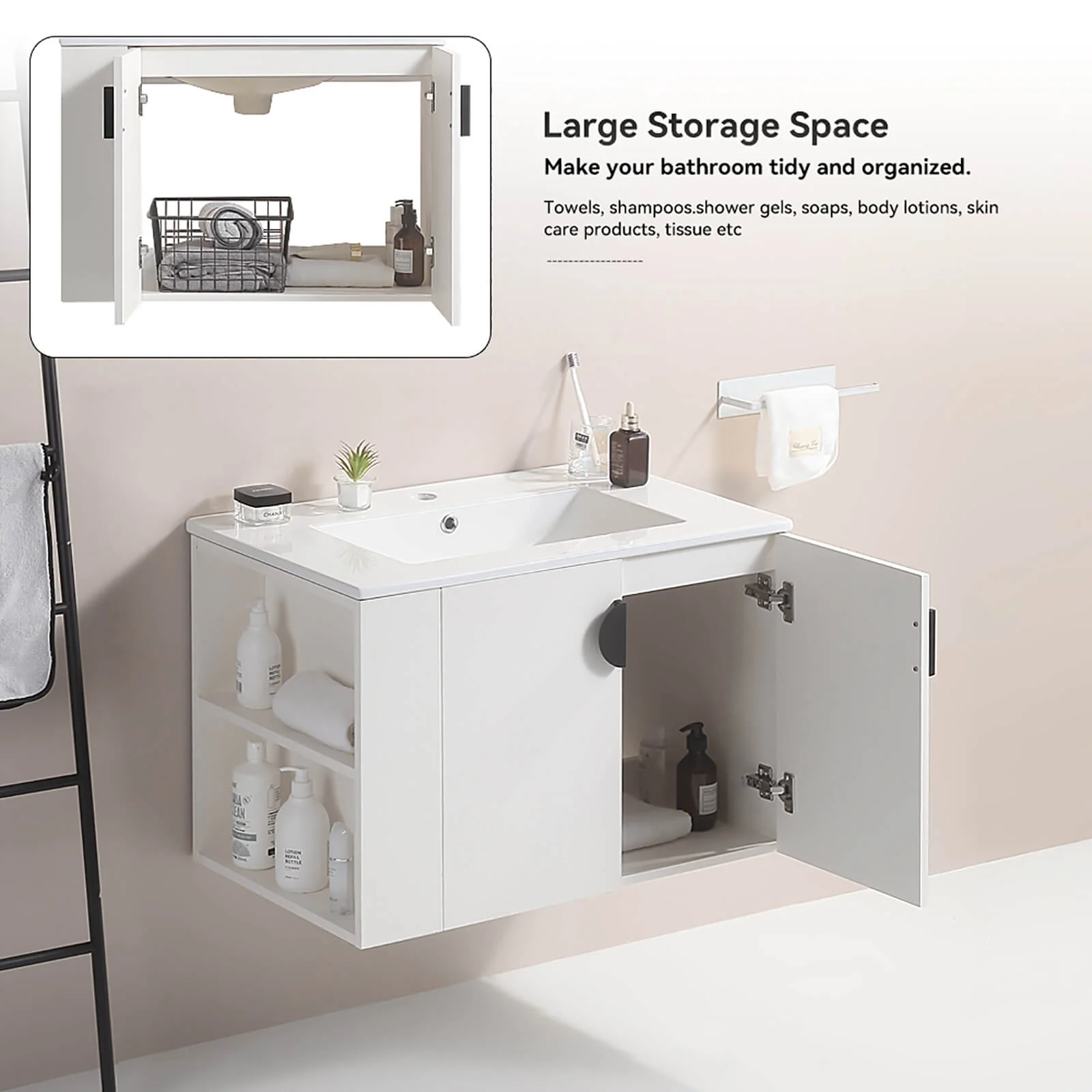 30" White Wall-Mounted Bathroom Vanity with Open Side Shelf - Image 5