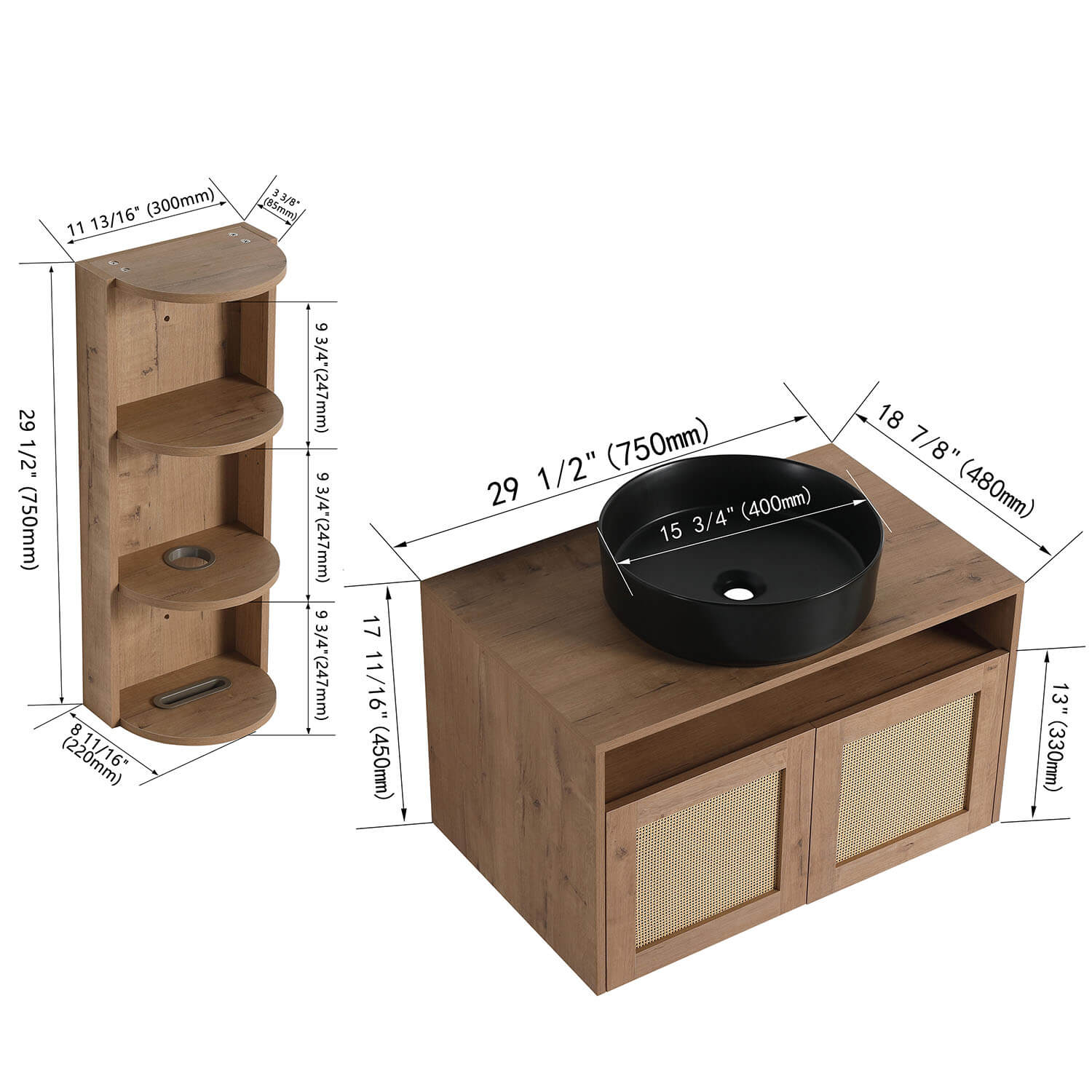 30" Floating Vanity with Black Ceramic Sink and 12" Wall Storage Cabinet - Image 4