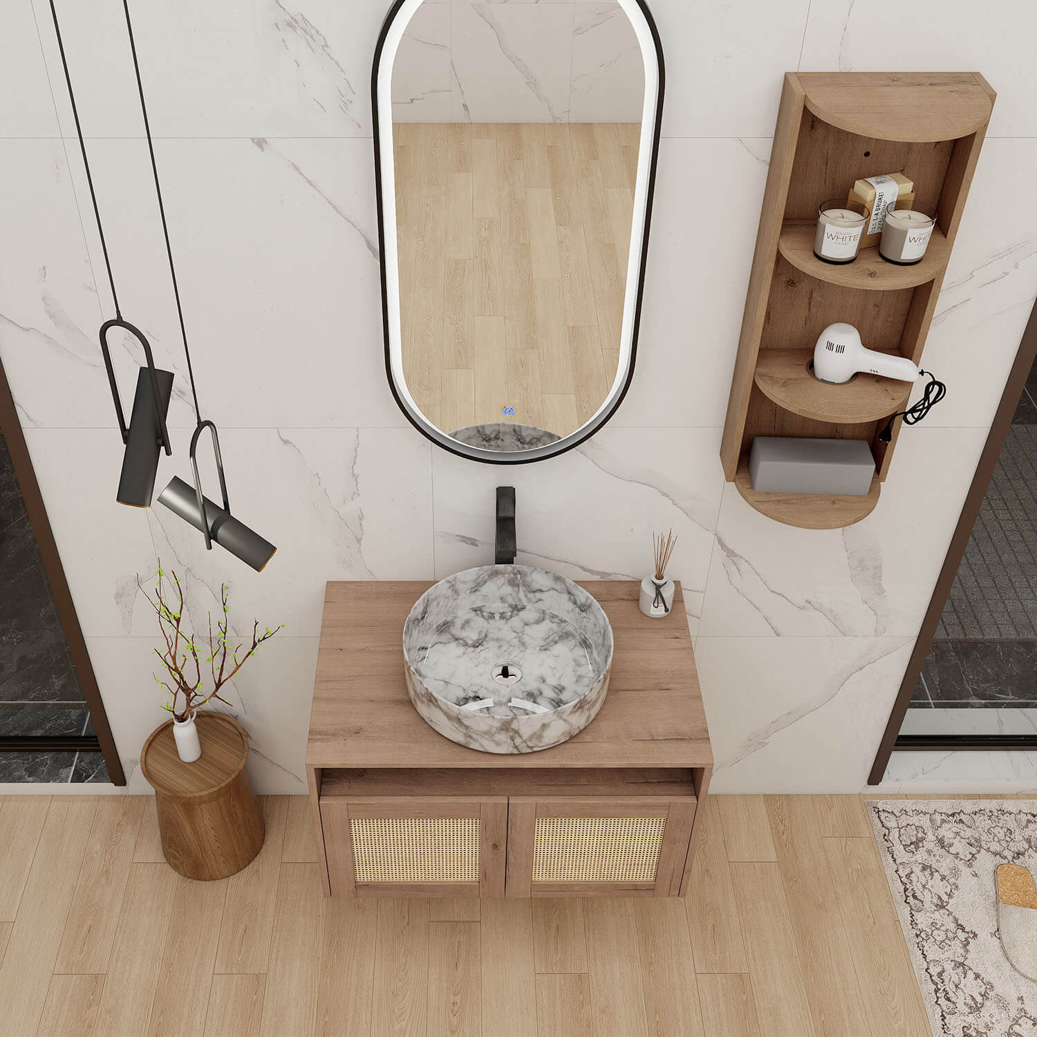 30" Floating Vanity with Marble-Veined Ceramic Sink and 12" Wall Storage Cabinet - Image 3