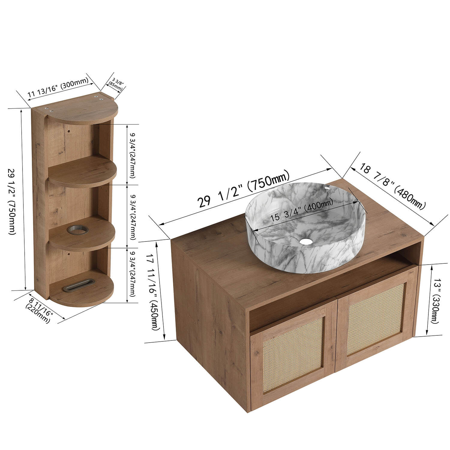 30" Floating Vanity with Marble-Veined Ceramic Sink and 12" Wall Storage Cabinet - Image 4
