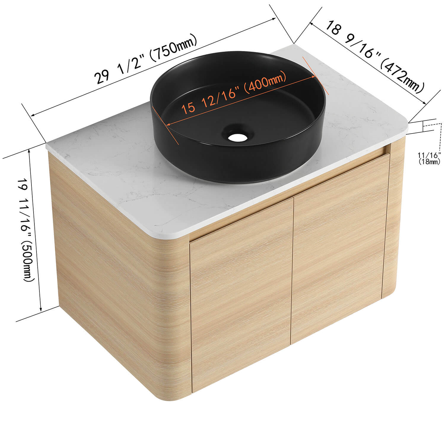 30" White Oak Bathroom Vanity with Black Ceramic Vessel Sink - Image 4