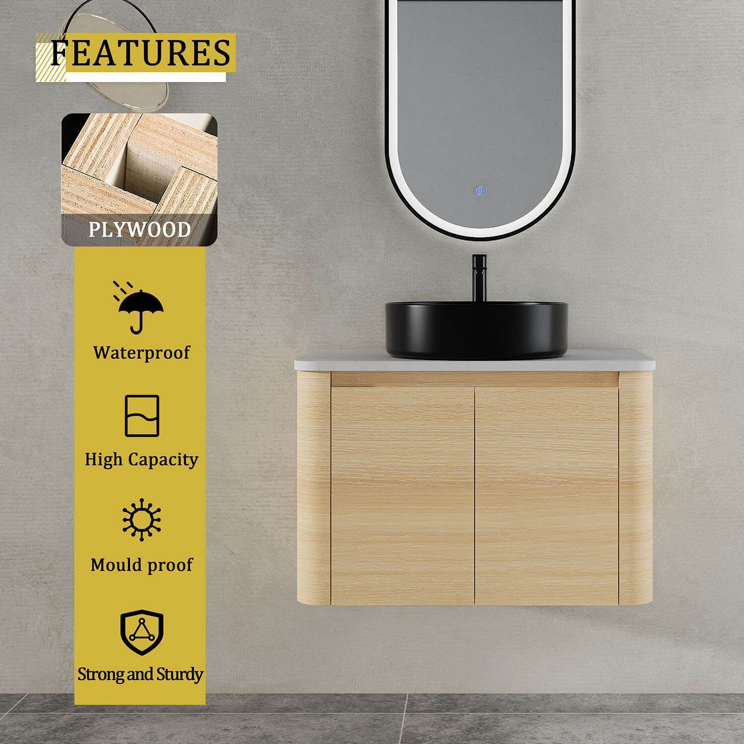 30" White Oak Bathroom Vanity with Black Ceramic Vessel Sink - Image 8