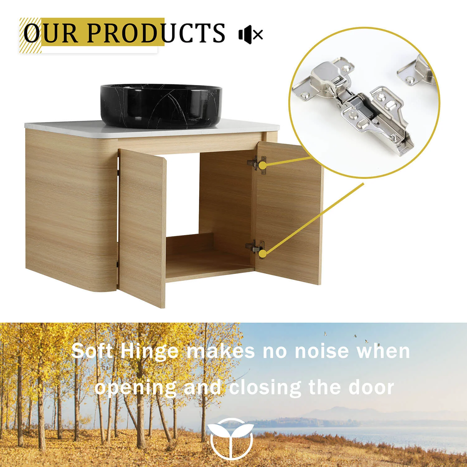 30" White Oak Bathroom Vanity with Black Marble Texture Ceramic Vessel Sink - Image 10