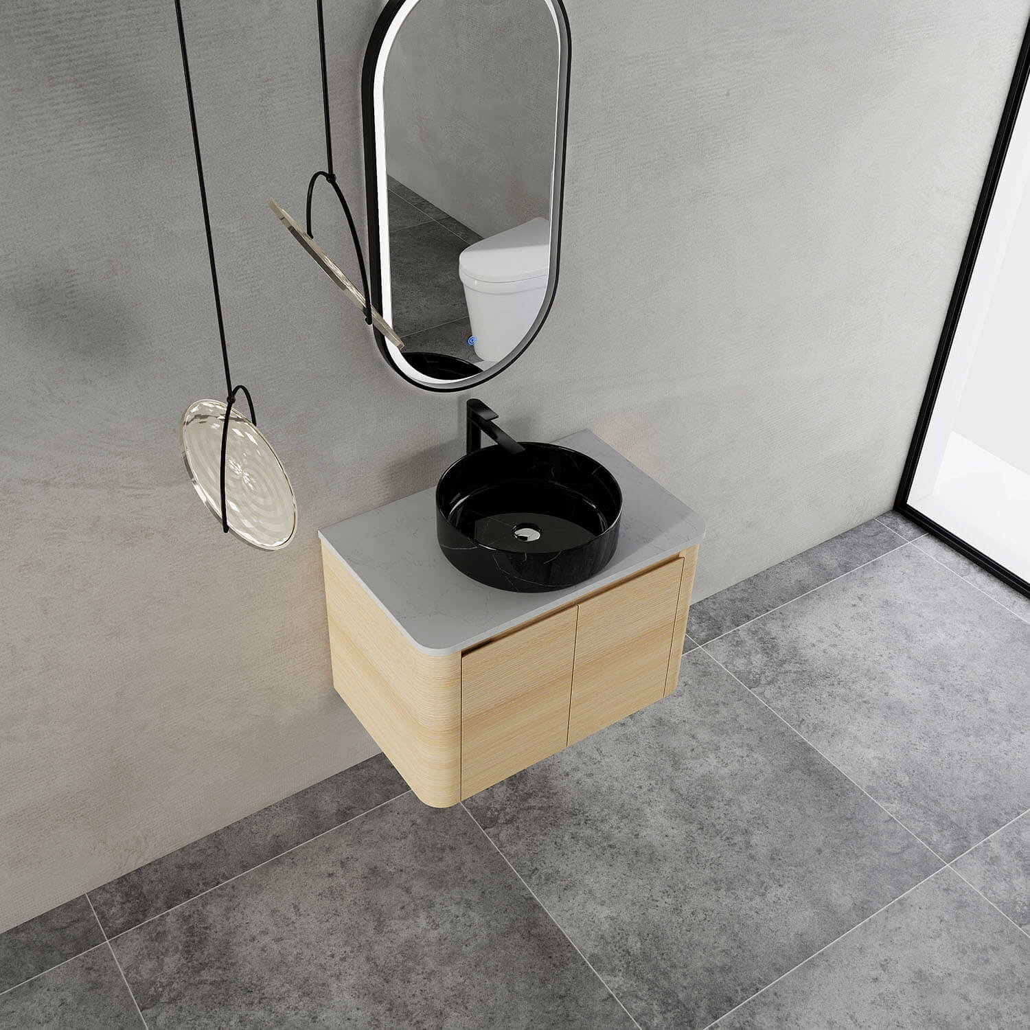 30" White Oak Bathroom Vanity with Black Marble Texture Ceramic Vessel Sink - Image 3