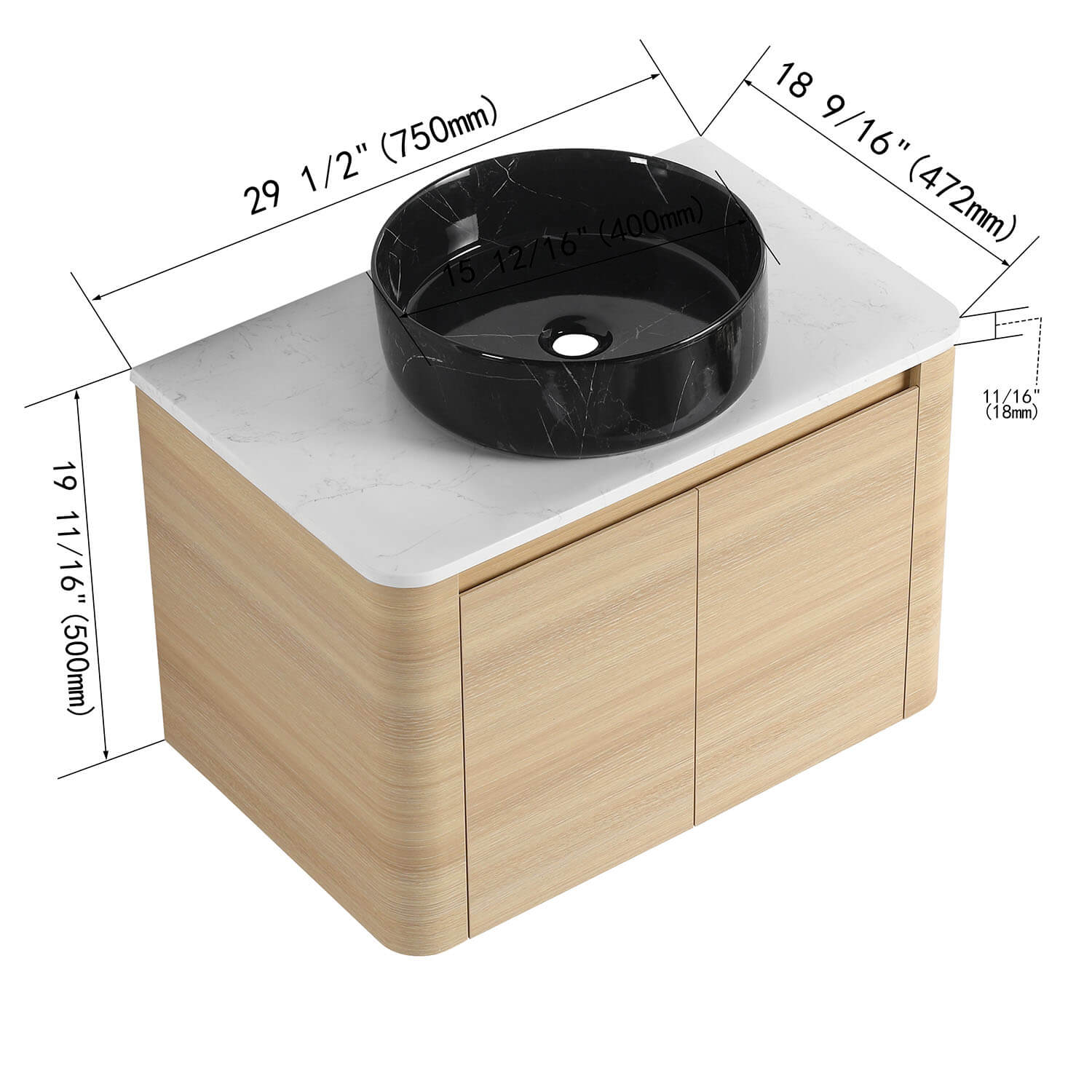 30" White Oak Bathroom Vanity with Black Marble Texture Ceramic Vessel Sink - Image 4
