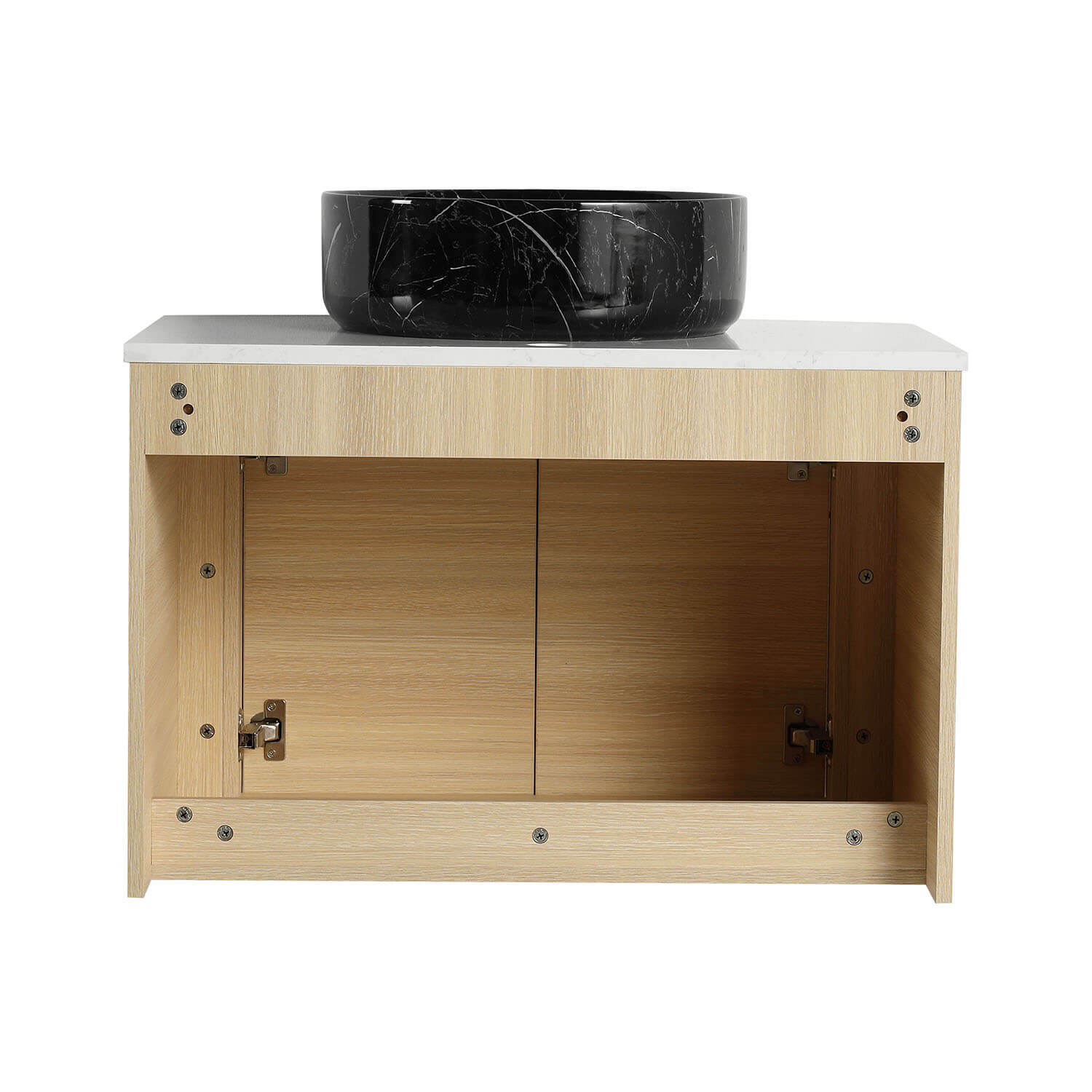 30" White Oak Bathroom Vanity with Black Marble Texture Ceramic Vessel Sink - Image 5