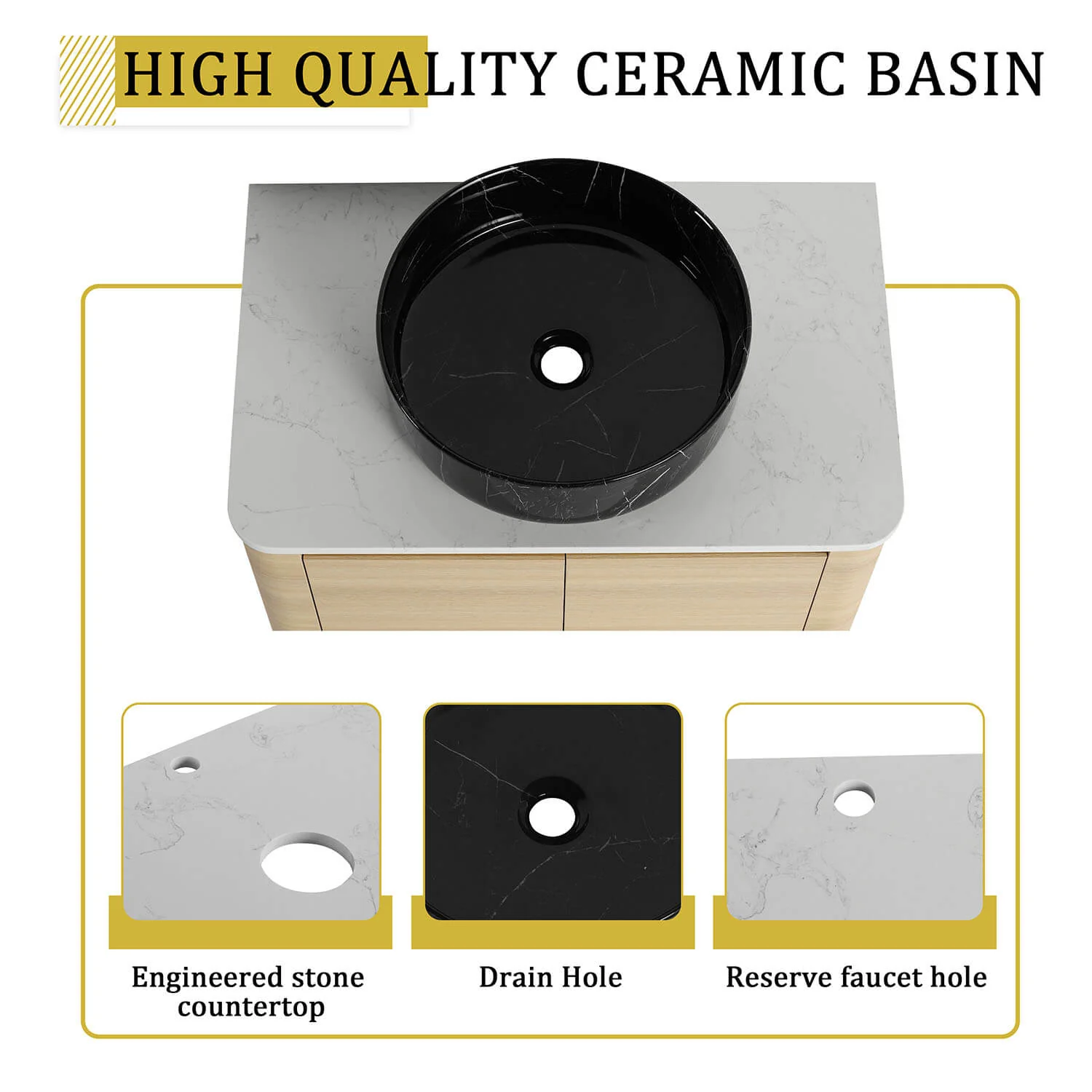 30" White Oak Bathroom Vanity with Black Marble Texture Ceramic Vessel Sink - Image 6
