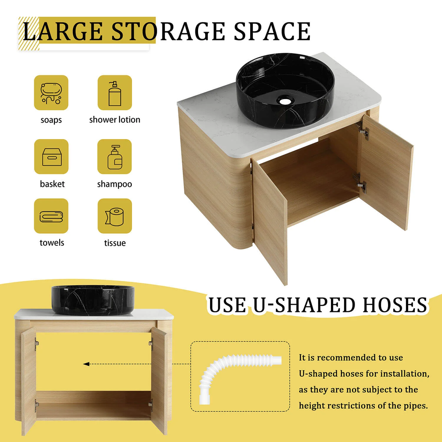 30" White Oak Bathroom Vanity with Black Marble Texture Ceramic Vessel Sink - Image 7