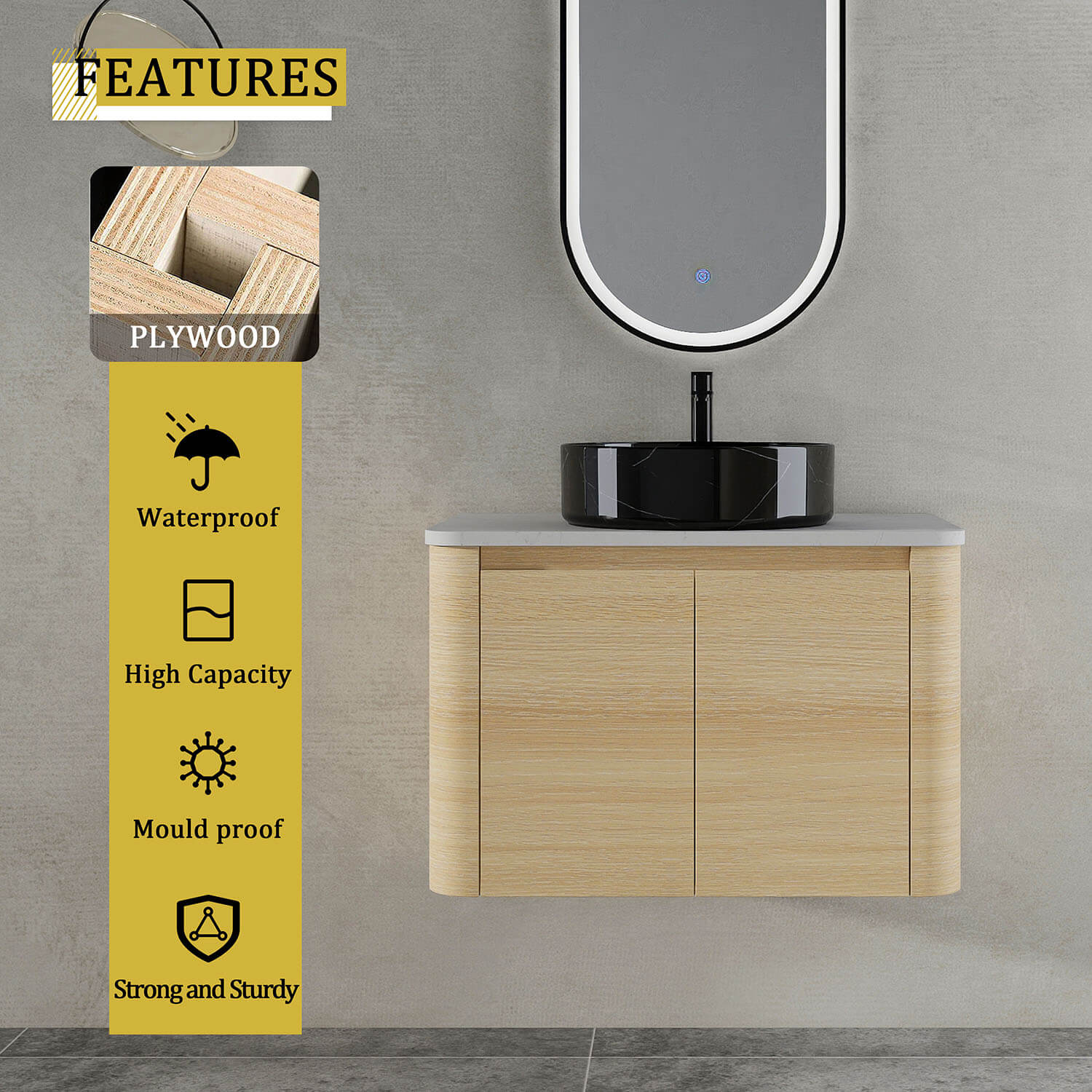 30" White Oak Bathroom Vanity with Black Marble Texture Ceramic Vessel Sink - Image 8