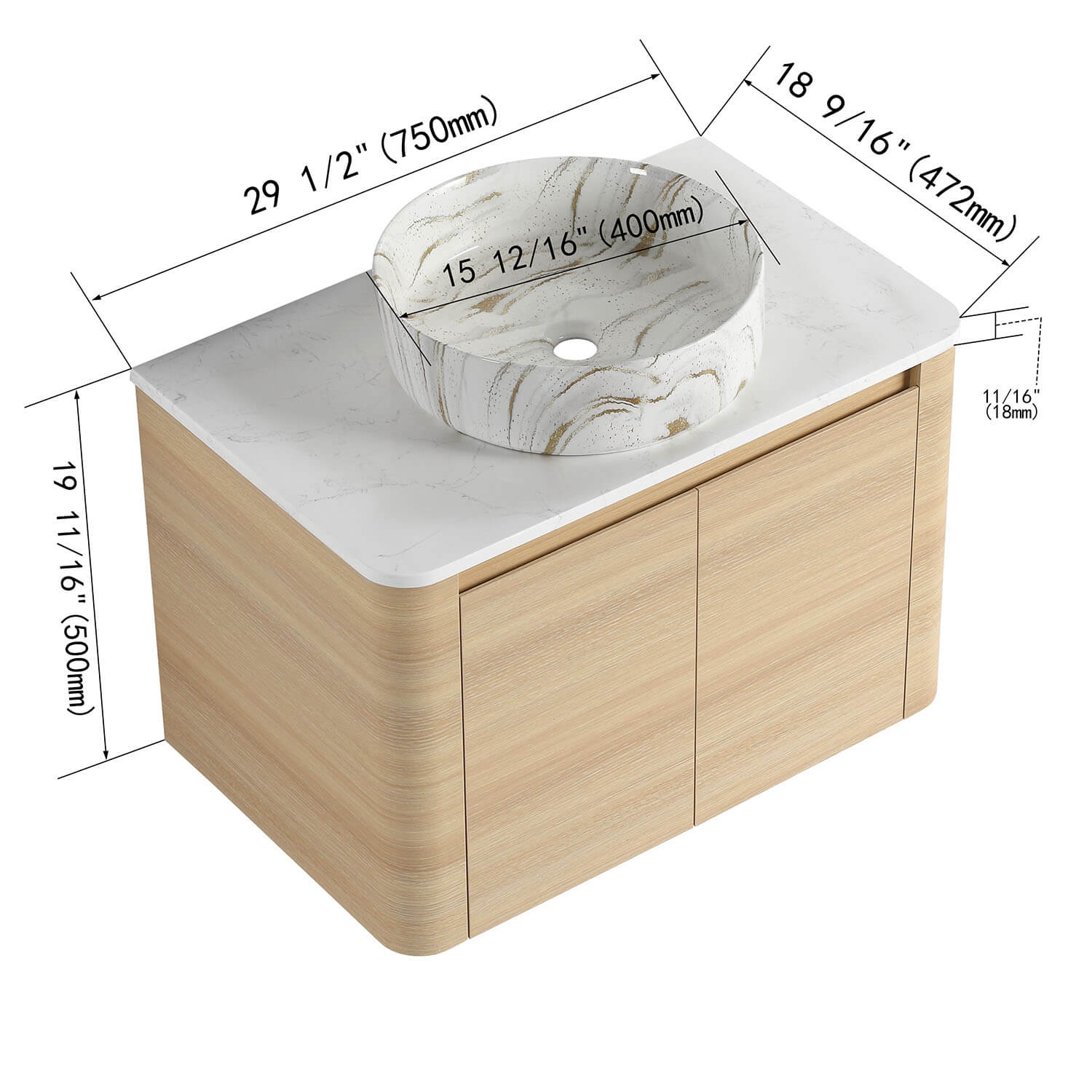 30" White Oak Bathroom Vanity with Golden Stone Pattern Ceramic Vessel Sink - Image 4