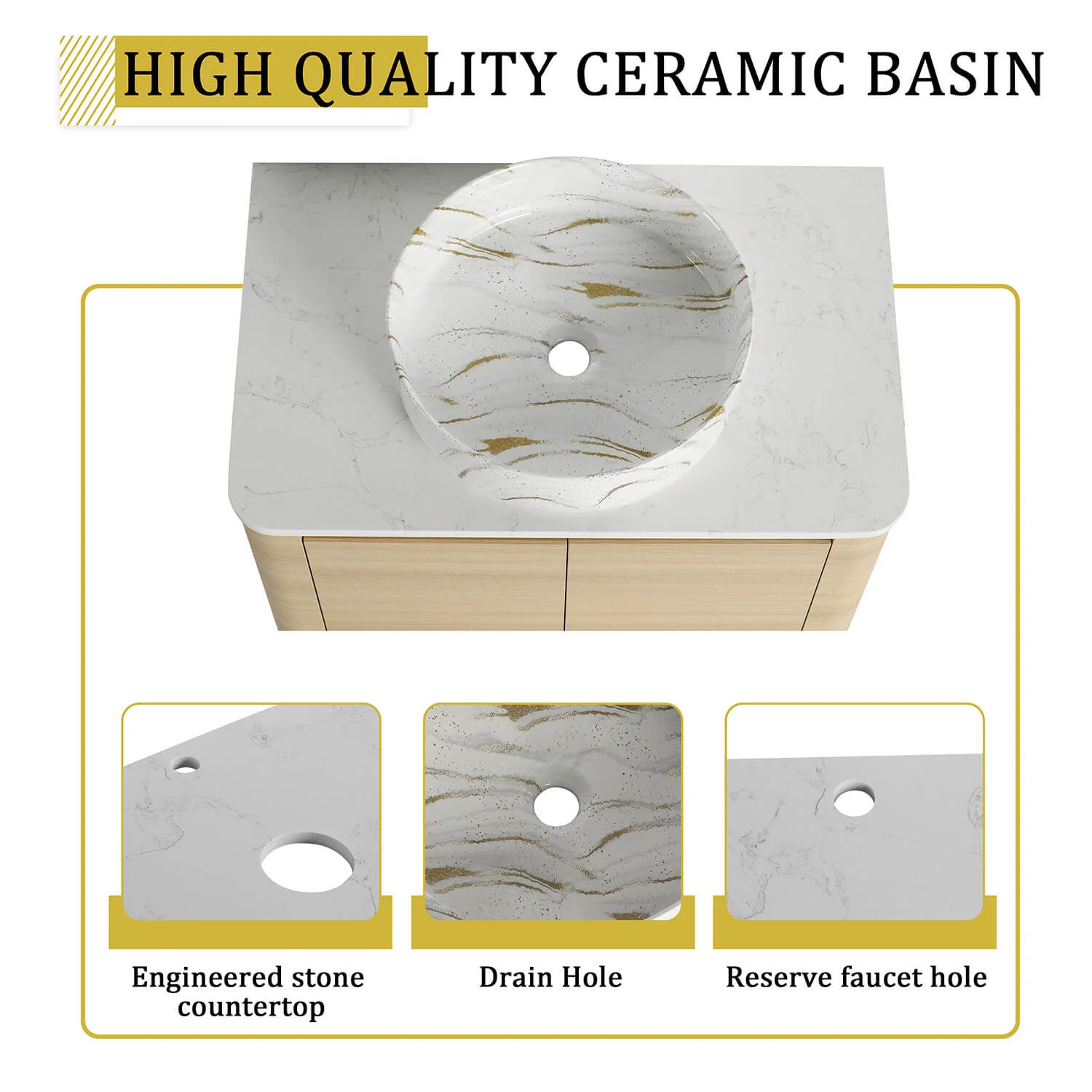 30" White Oak Bathroom Vanity with Golden Stone Pattern Ceramic Vessel Sink - Image 6