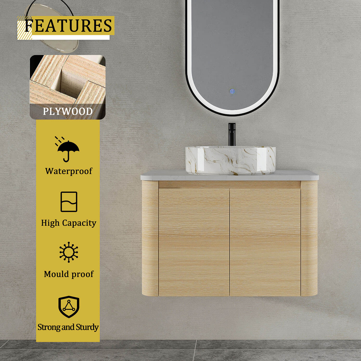 30" White Oak Bathroom Vanity with Golden Stone Pattern Ceramic Vessel Sink - Image 7