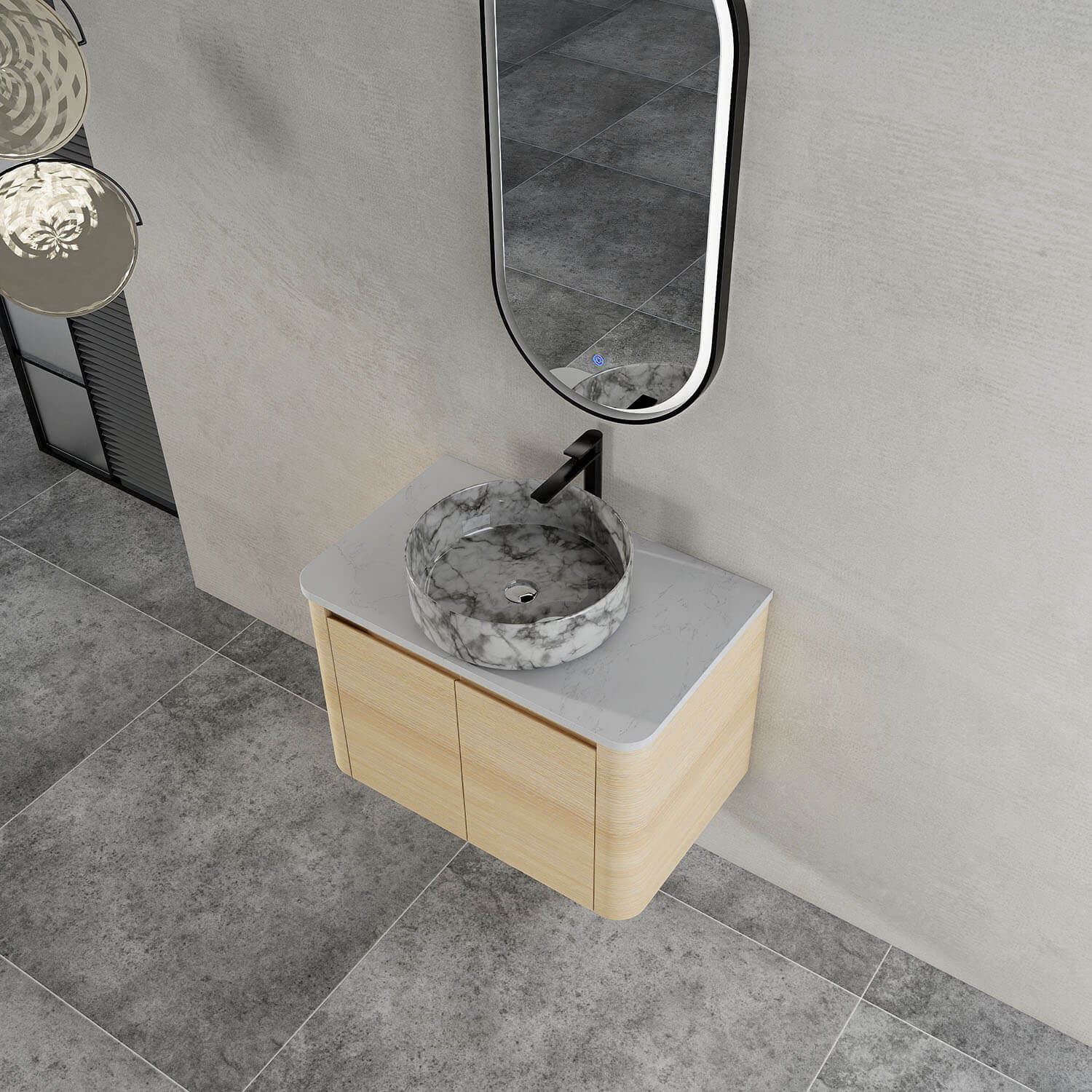 30" White Oak Bathroom Vanity with Marble Pattern Ceramic Vessel Sink - Image 3