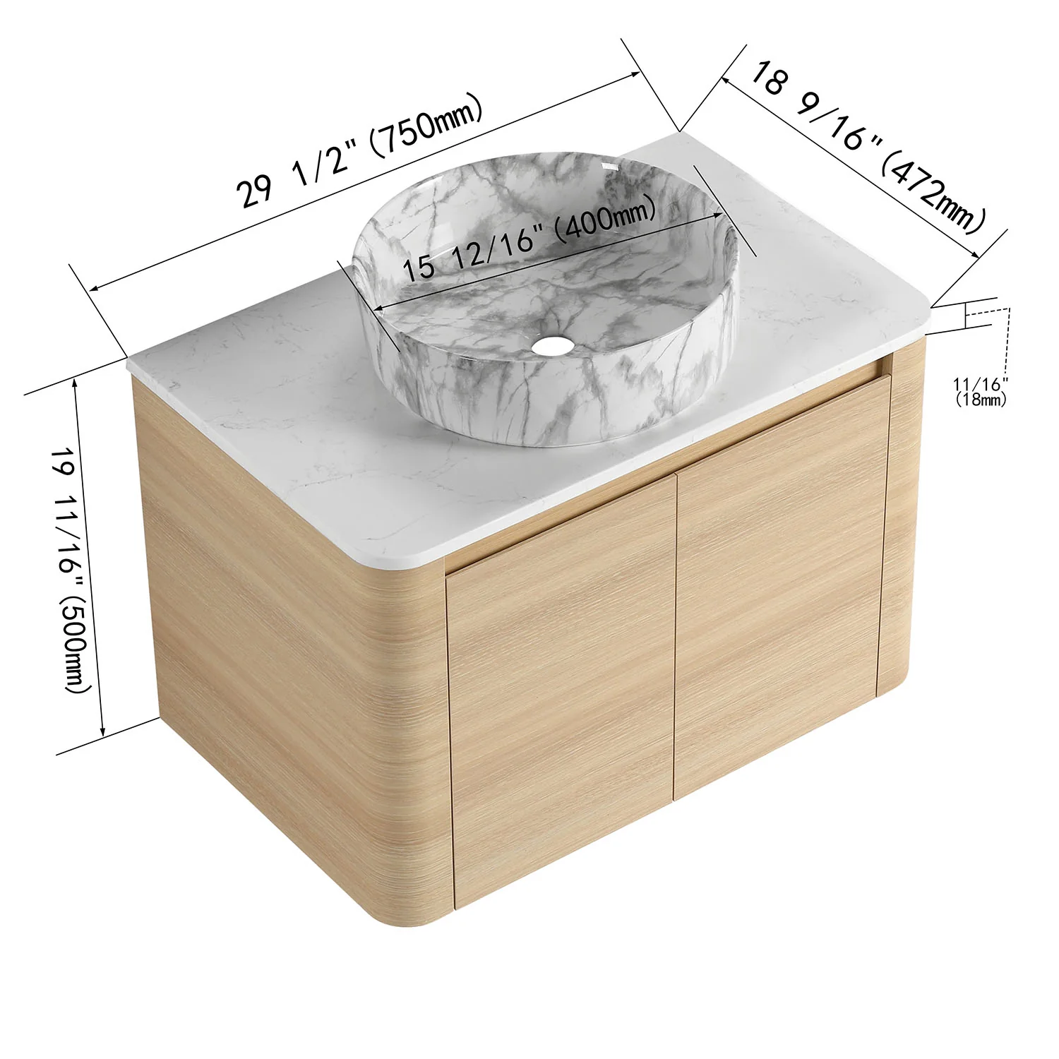 30" White Oak Bathroom Vanity with Marble Pattern Ceramic Vessel Sink - Image 4