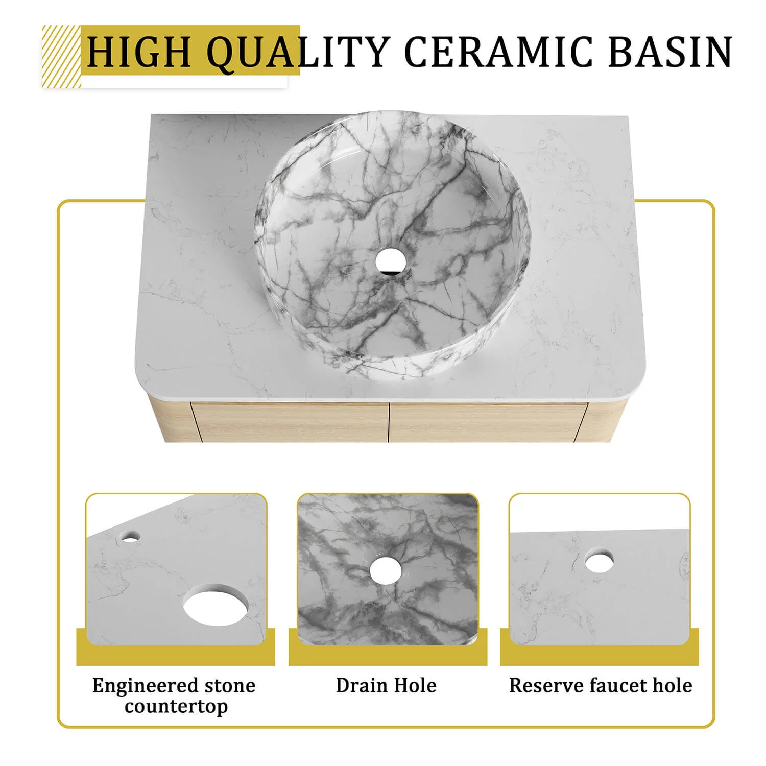 30" White Oak Bathroom Vanity with Marble Pattern Ceramic Vessel Sink - Image 6