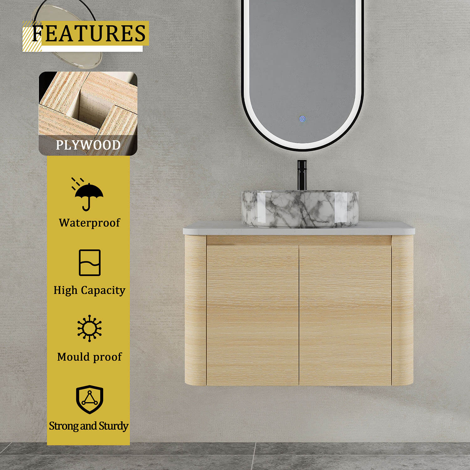 30" White Oak Bathroom Vanity with Marble Pattern Ceramic Vessel Sink - Image 8