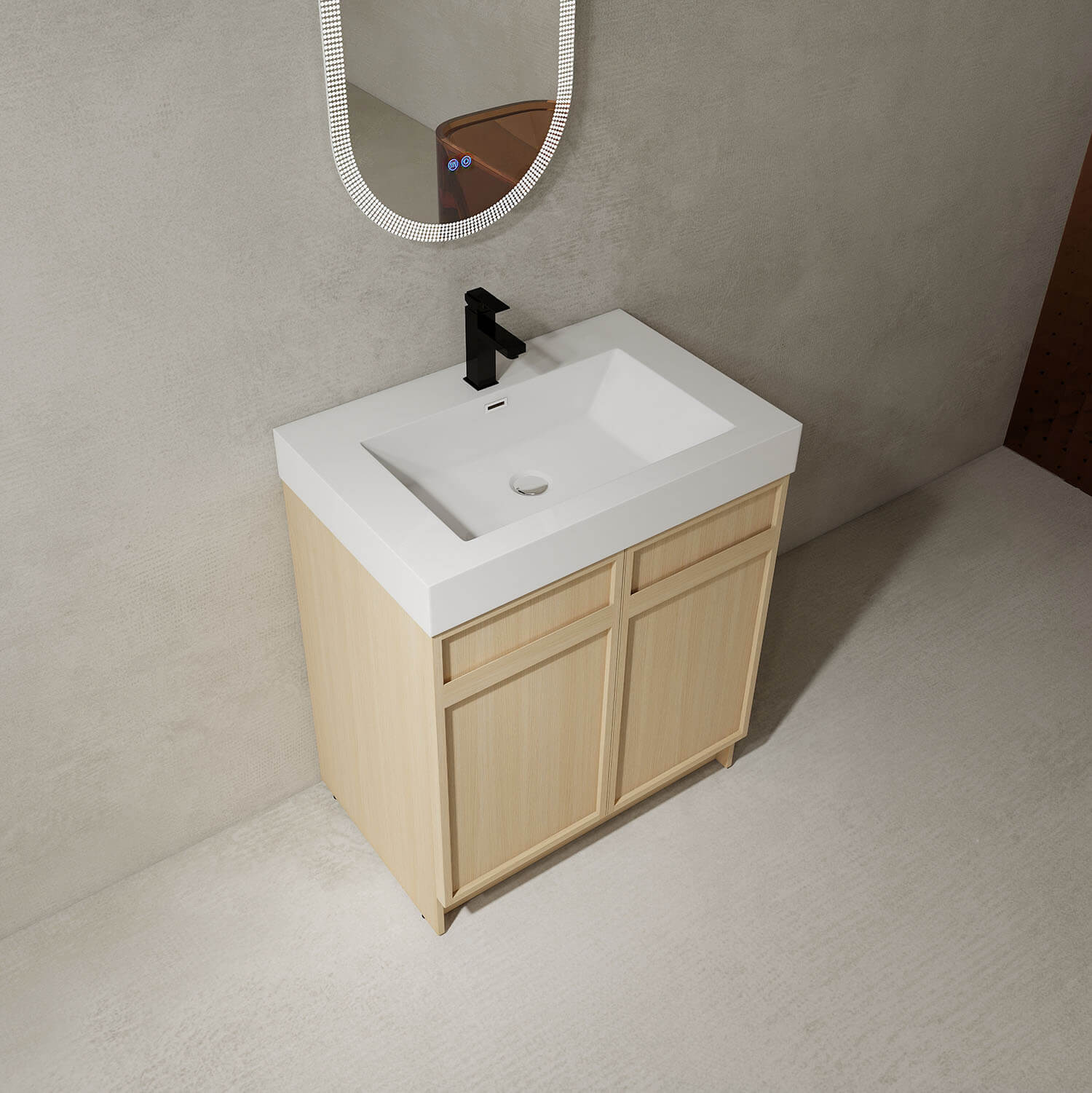 30" White Oak Bathroom Vanity with Resin Sink and Soft Close Cabinet Doors - Image 3