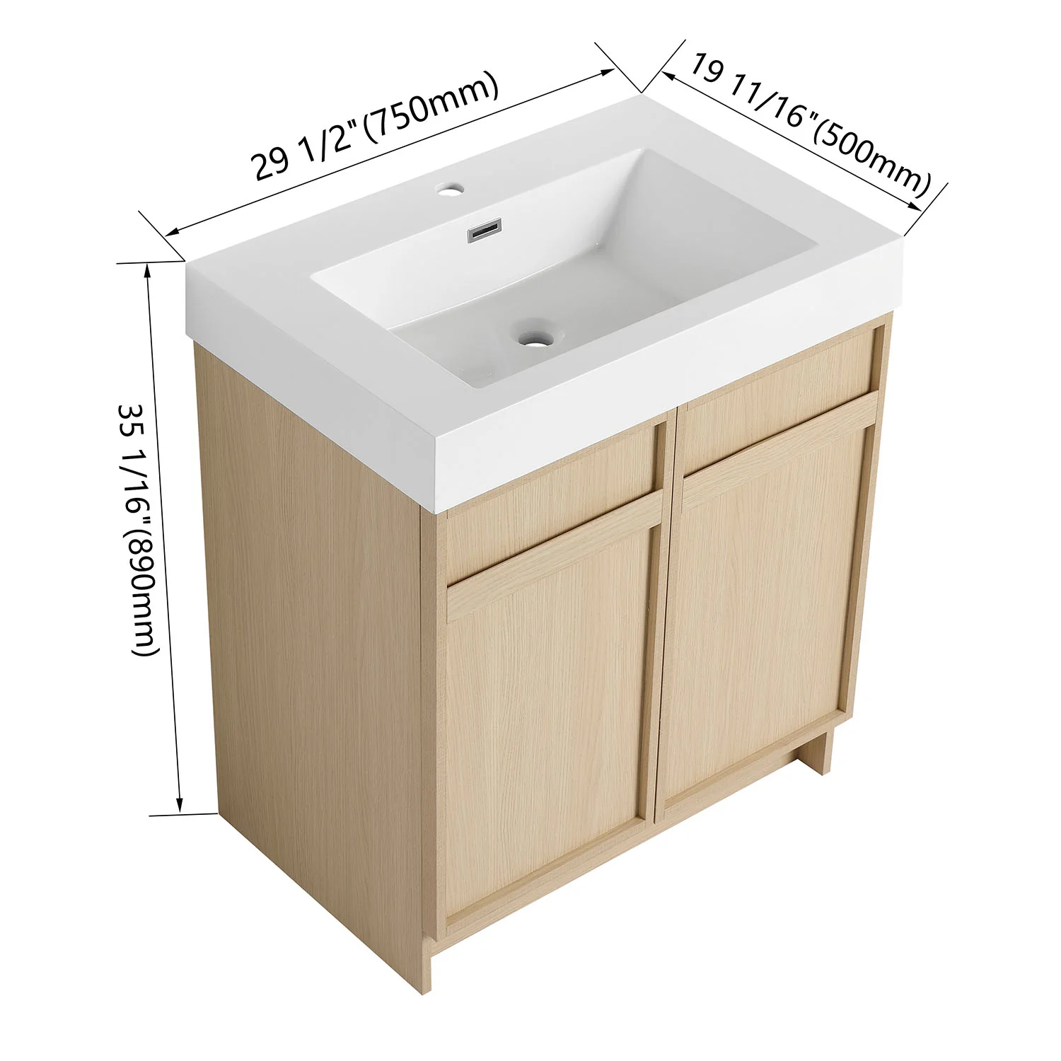 30" White Oak Bathroom Vanity with Resin Sink and Soft Close Cabinet Doors - Image 4