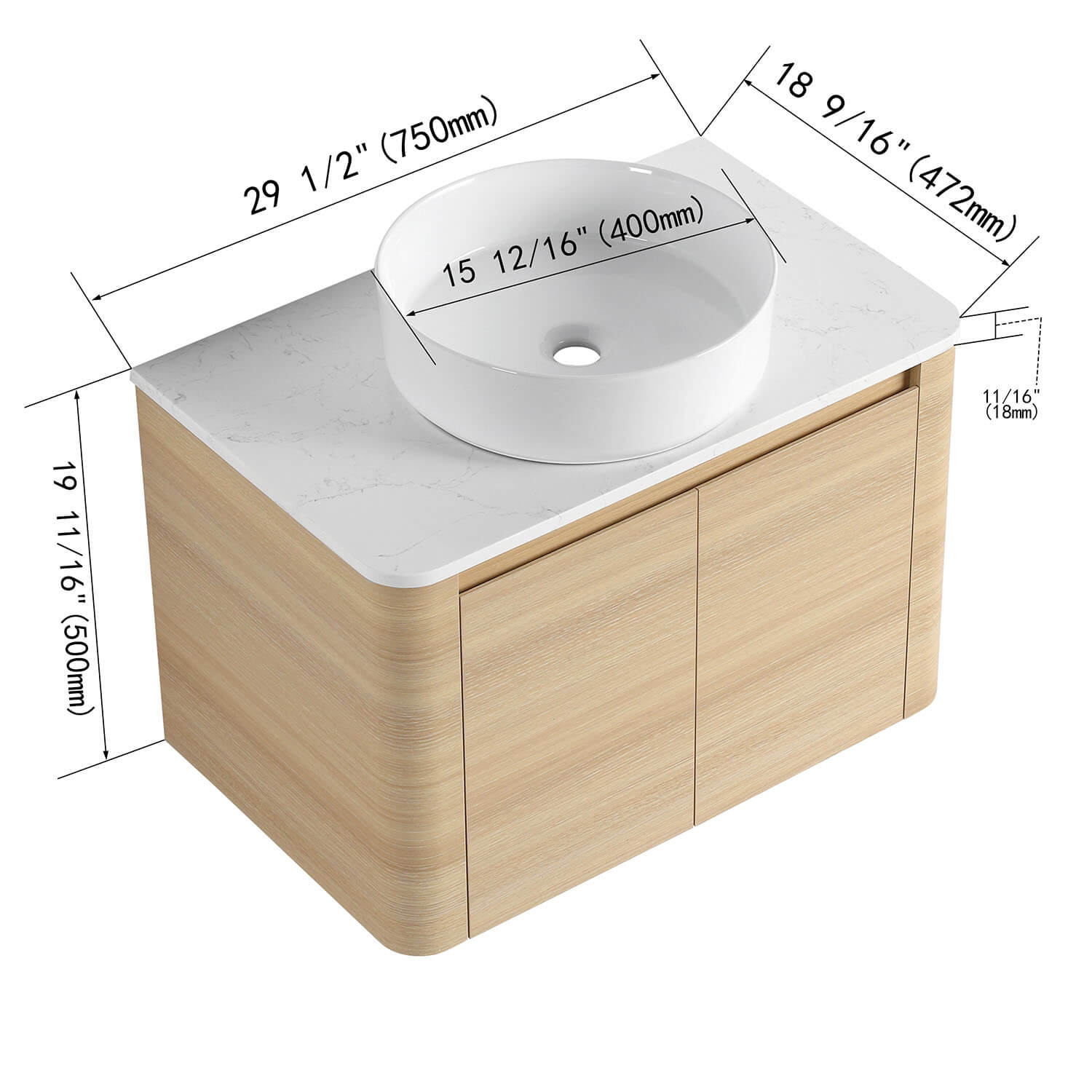 30" White Oak Bathroom Vanity with White Ceramic Vessel Sink - Image 4