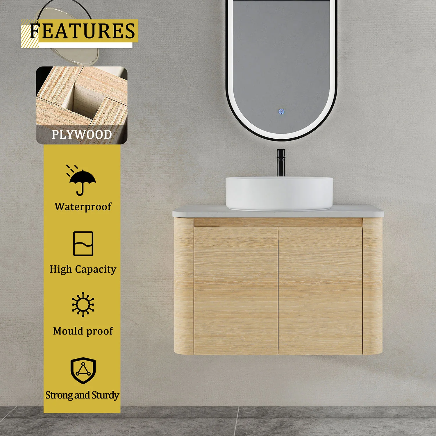 30" White Oak Bathroom Vanity with White Ceramic Vessel Sink - Image 8