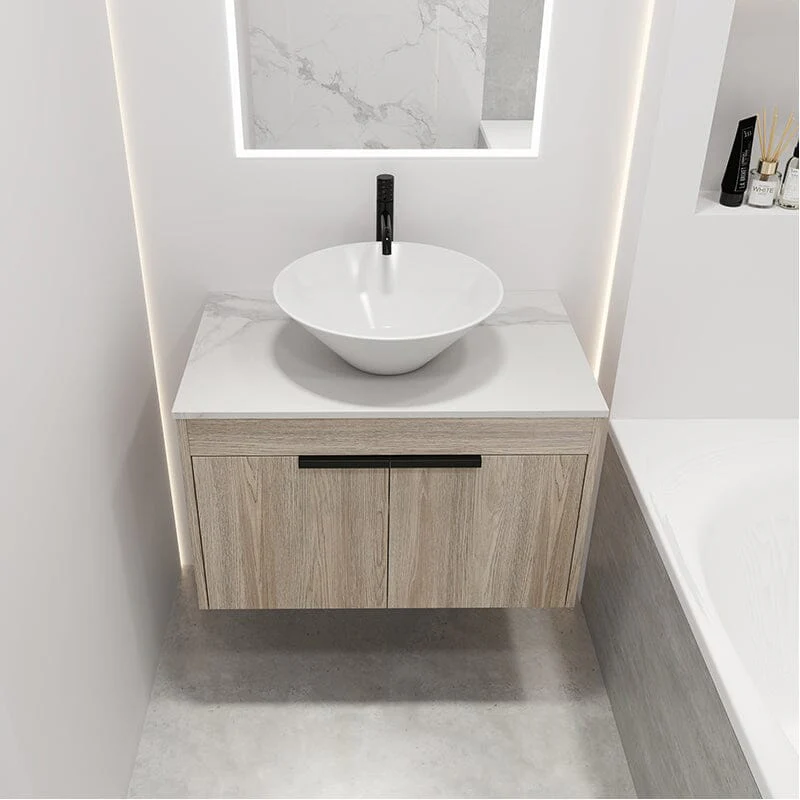 30'' Modern Design Floating Bathroom Vanity Sintered Stone Top Circular Ceramic Sink Set - Image 4