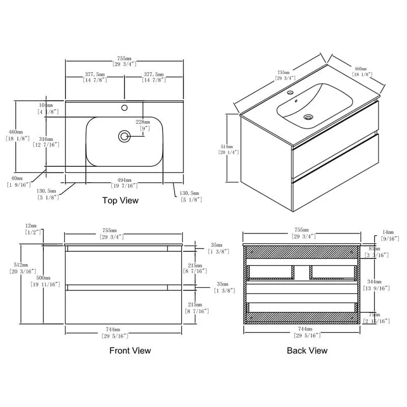 30'' Modern Floating Bathroom Vanity Single Ceramic Sink with Drawers - Image 34