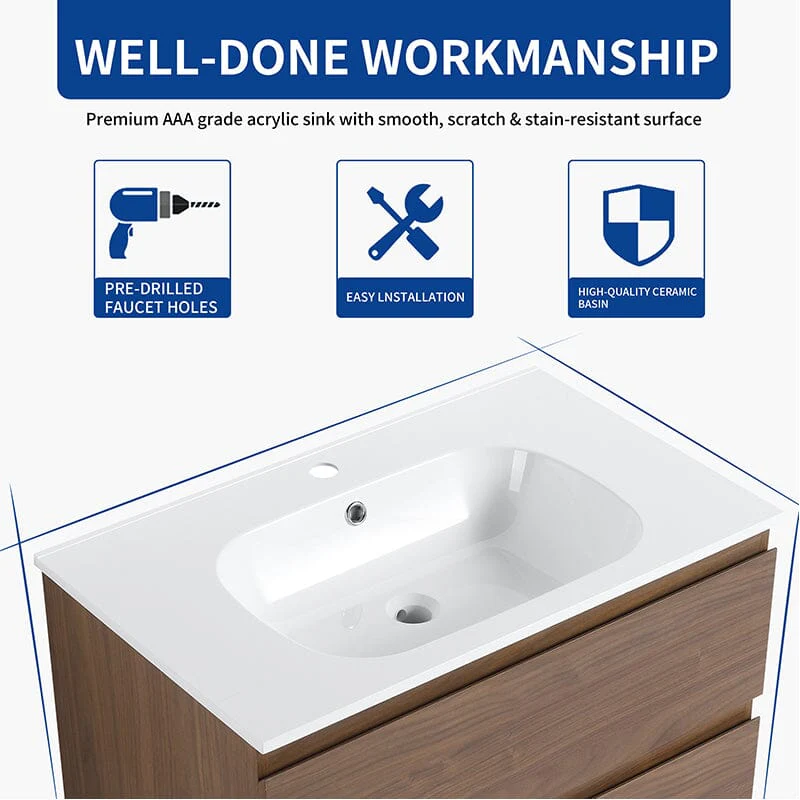 30'' Modern Floating Bathroom Vanity Single Ceramic Sink with Drawers - Image 9