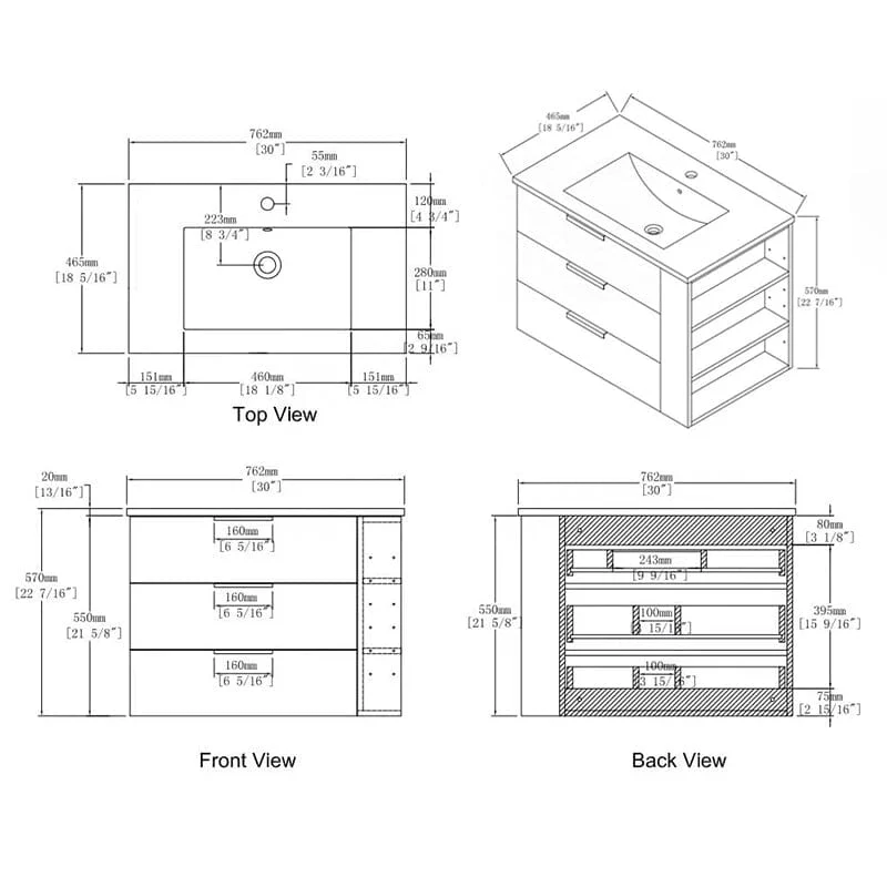 30'' Wall Mounted Bathroom Vanity White Resin Basin Top with Right Shelves - Image 15