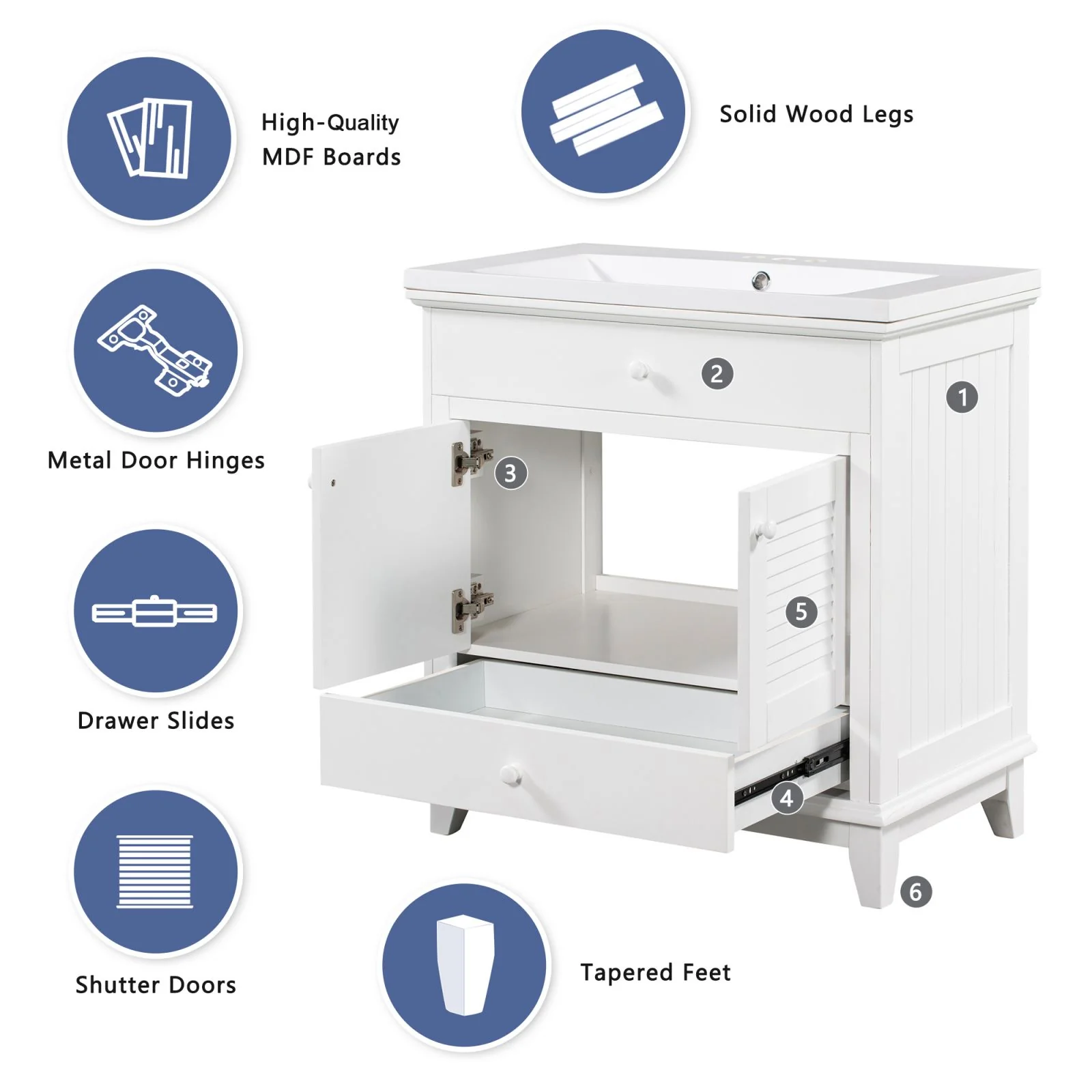 30" Wood Double Doors Bathroom Vanity,  White Spacious Drawer Standalone Cabinet - Image 14