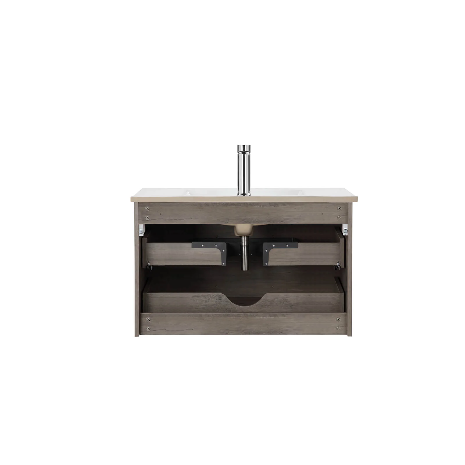32" Gray Wood Grain Wall-Mounted Vanity with Double Drawers - Image 10
