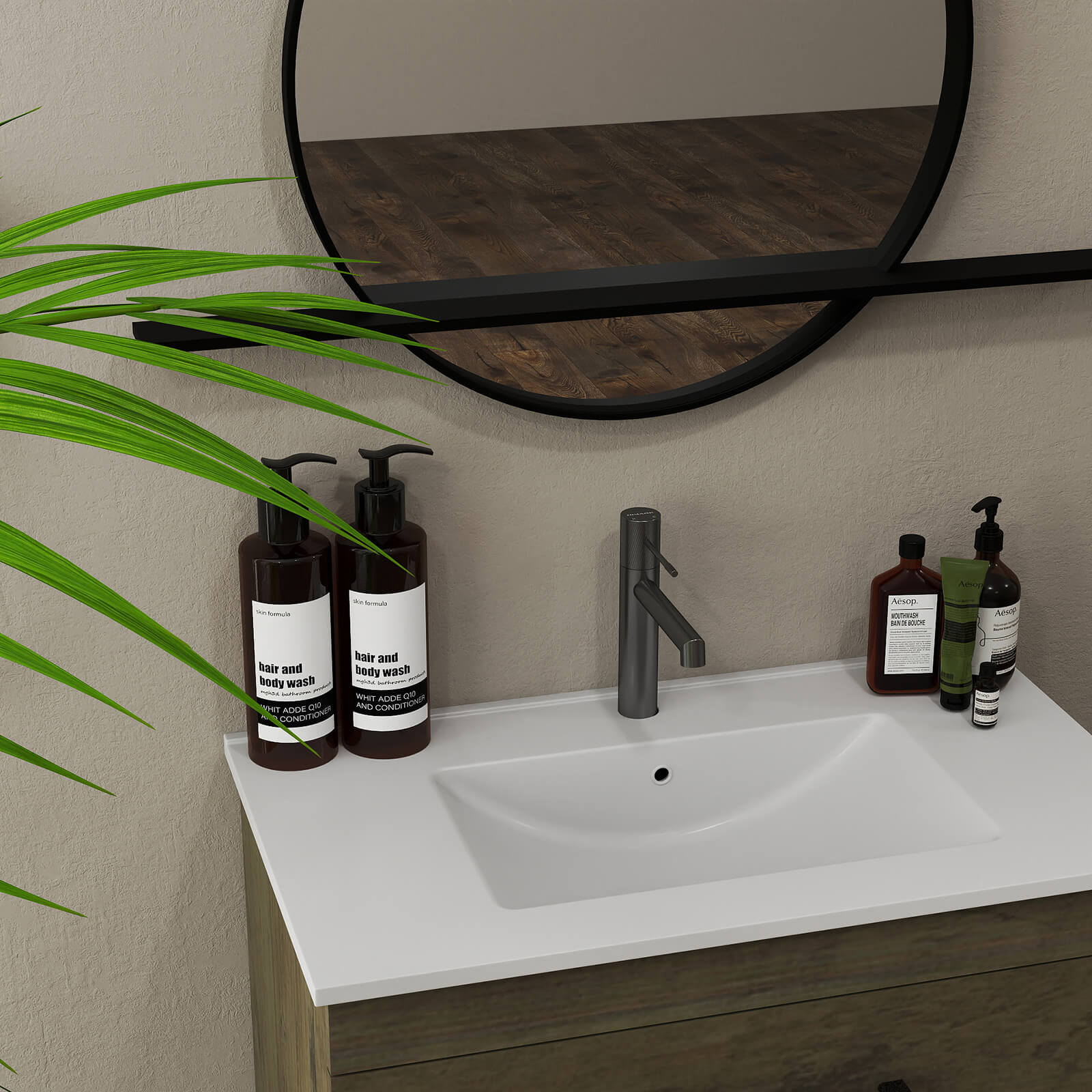 32" Gray Wood Grain Wall-Mounted Vanity with Double Drawers - Image 3