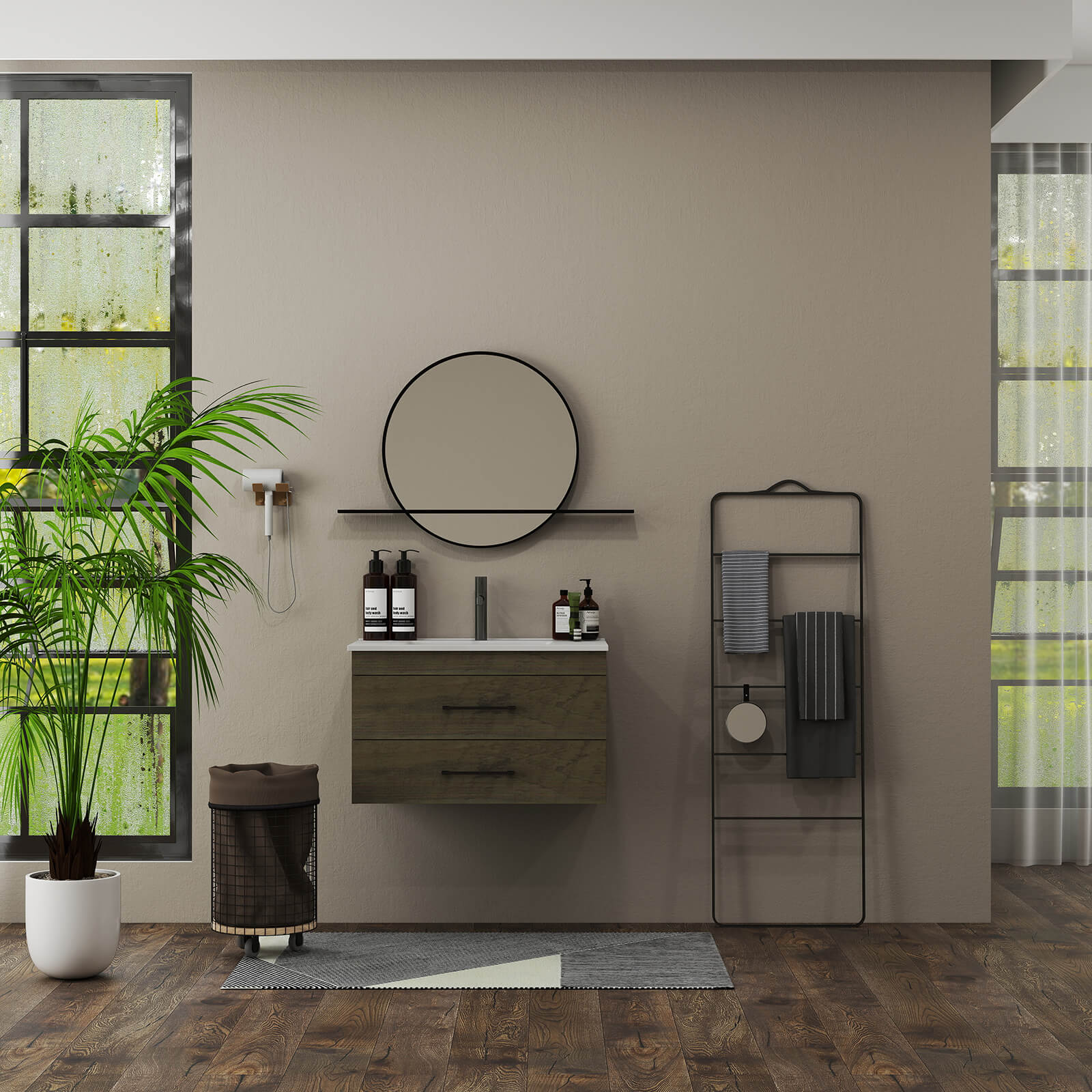 32" Gray Wood Grain Wall-Mounted Vanity with Double Drawers - Image 4