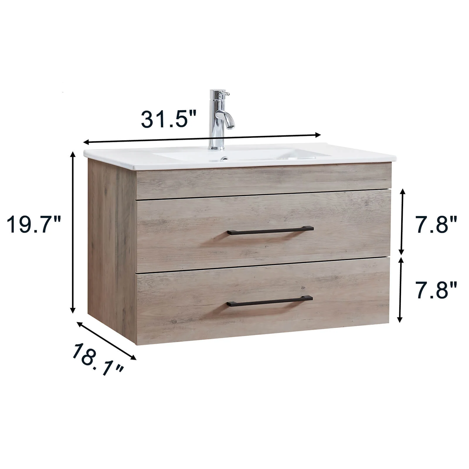 32" Gray Wood Grain Wall-Mounted Vanity with Double Drawers - Image 5