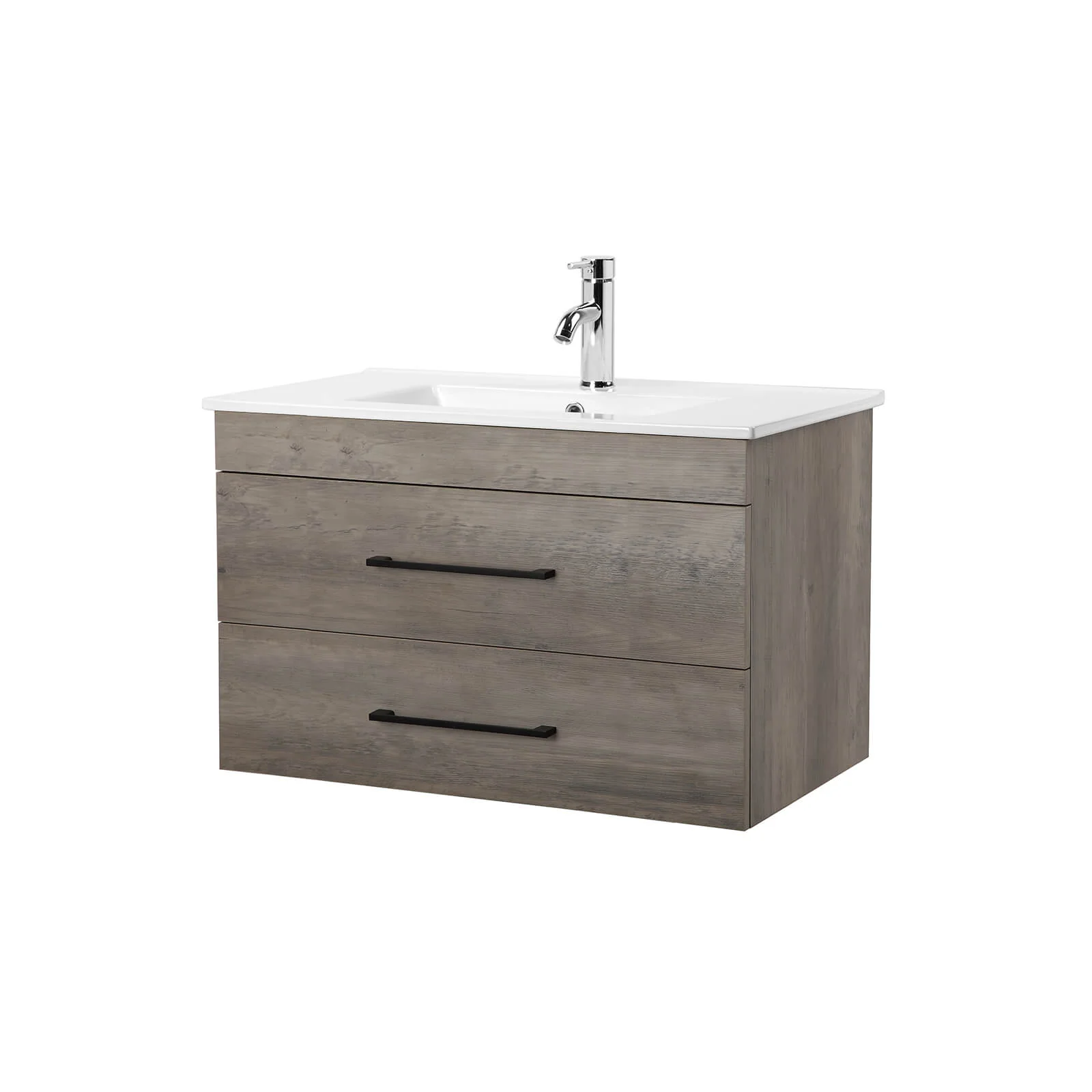 32" Gray Wood Grain Wall-Mounted Vanity with Double Drawers - Image 8