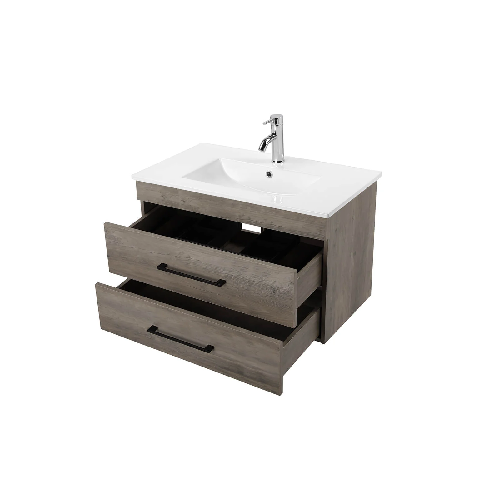 32" Gray Wood Grain Wall-Mounted Vanity with Double Drawers - Image 9