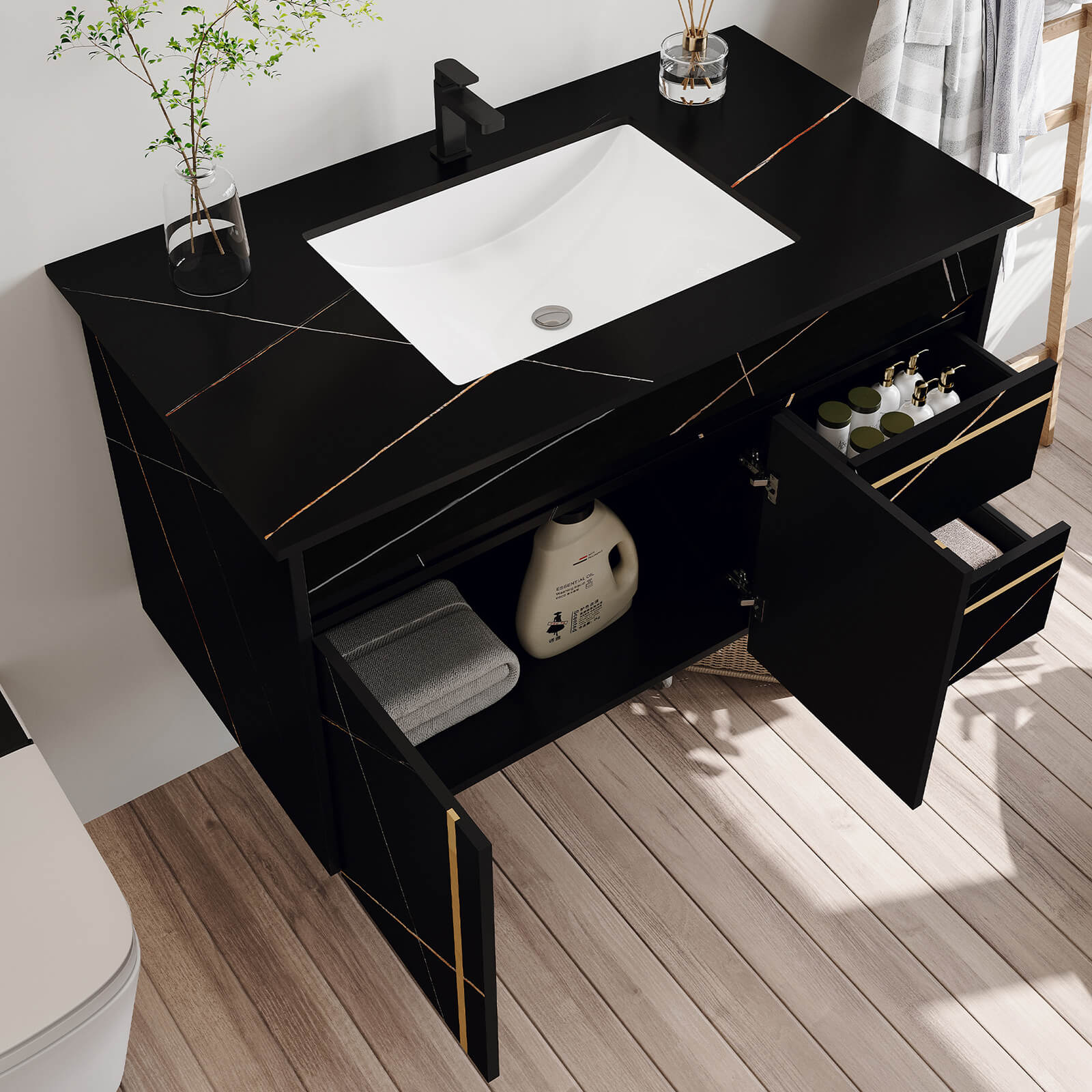 36" Floating Bathroom Vanity with Black Marble Countertop and Sink - Image 3