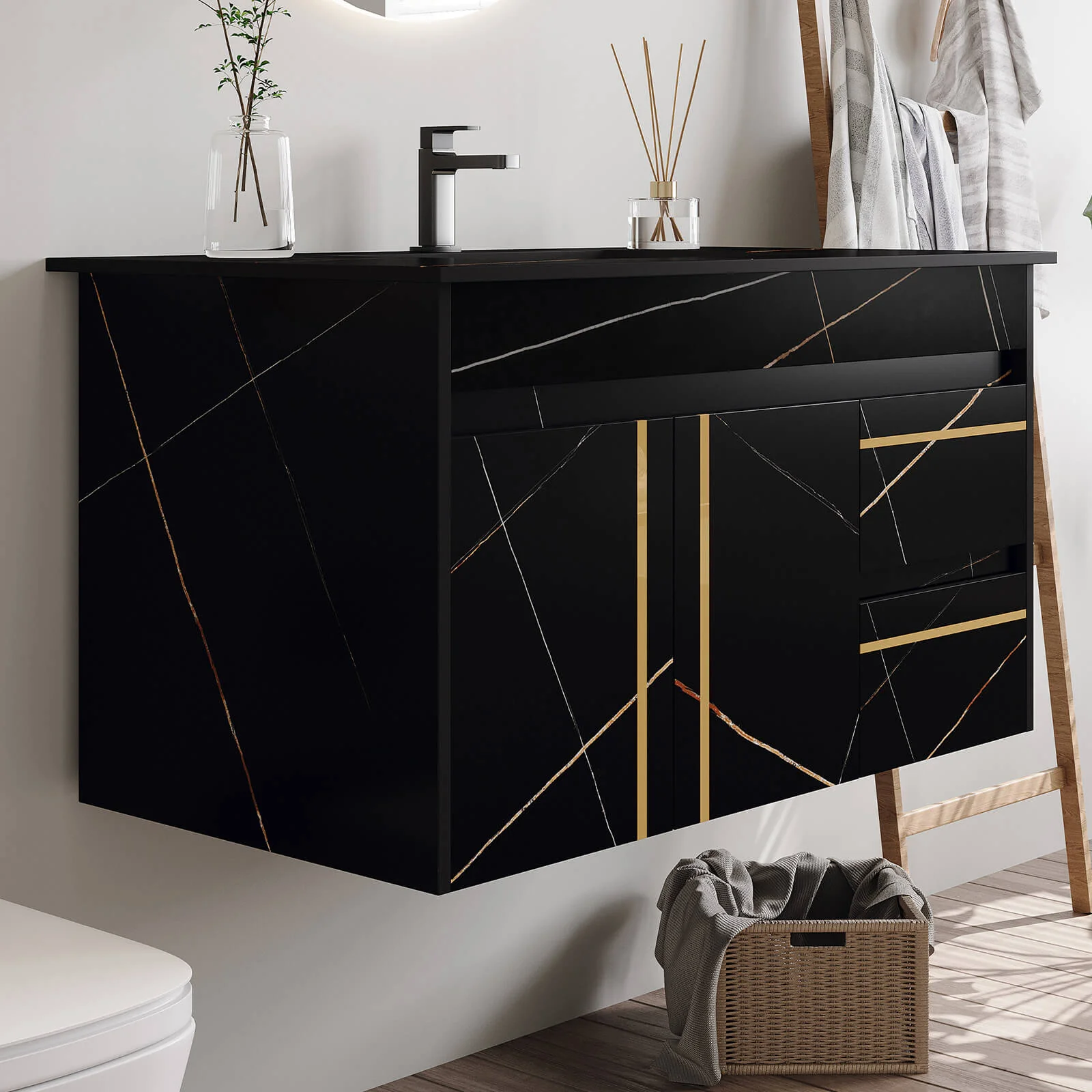 36" Floating Bathroom Vanity with Black Marble Countertop and Sink - Image 6
